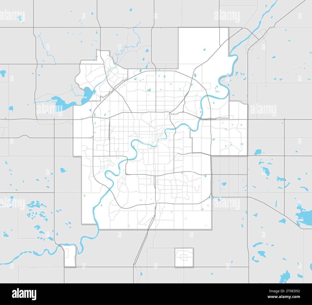 Einfache Karte von Edmonton Alberta, Kanada. Tourismuskarte der Metropolregion Edmonton mit Autobahnen, Straßen, Flüssen und Seen und regionalen Umrissen. Stock Vektor