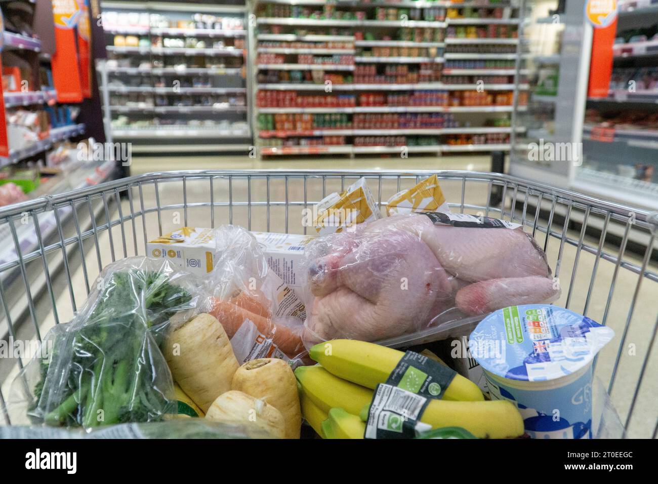 London, UK, 6. Oktober 2023: Ein Einkaufswagen voller Lebensmittel in der Clapham-Filiale von Sainsbury's Supermarkt. Die Preise für einige grundlegende Lebensmittel sinken langsam, aber die Gesamtpreise sind immer noch über 9 % höher als vor einem Jahr. Anna Watson/Alamy Live News Stockfoto
