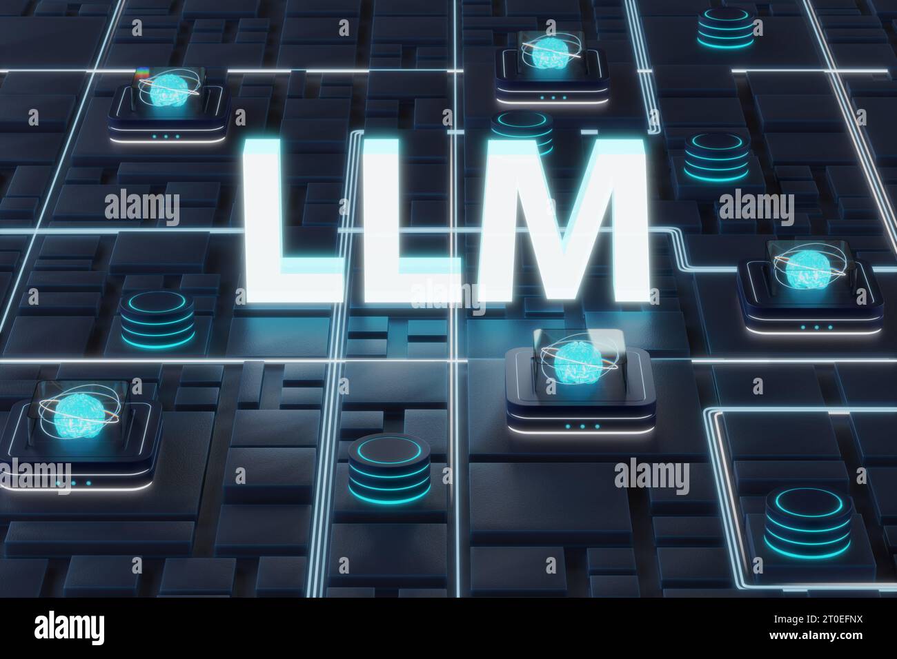 LLM-Konzept für großes Sprachmodell. Rendering eines 3D-Textes mit neuronaler Netzwerkinfrastruktur in einem Cloud-Rechenzentrum Stockfoto