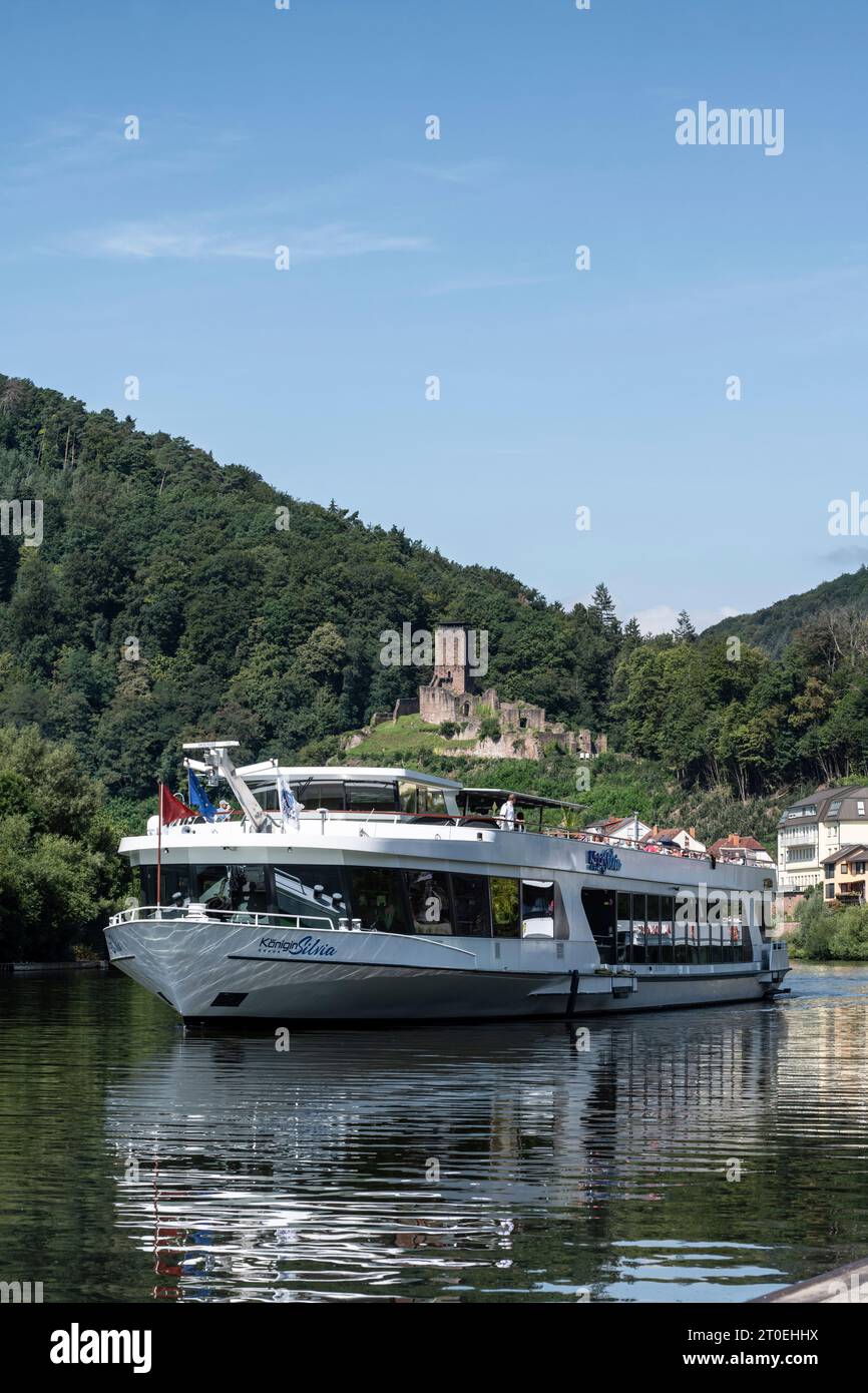 Neckarsteinach, Hessen, Stadtteil Bergstraße, Deutschland, Blick auf den Neckar mit Burgruine Schadeck, auch Schwalbennest genannt. Stockfoto