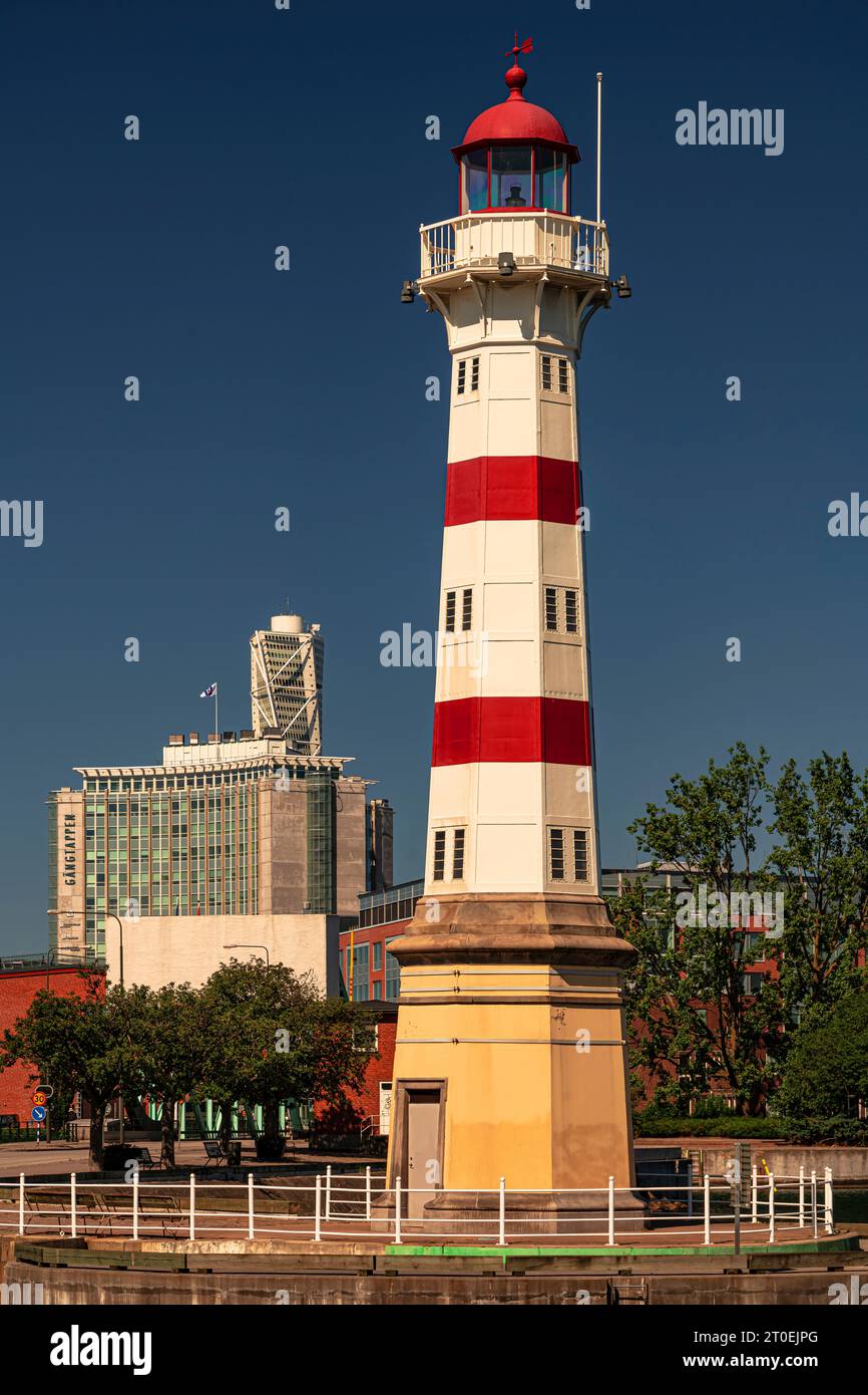 Alter Leuchtturm im Hafen von Malmö, Skane, Schweden Stockfoto