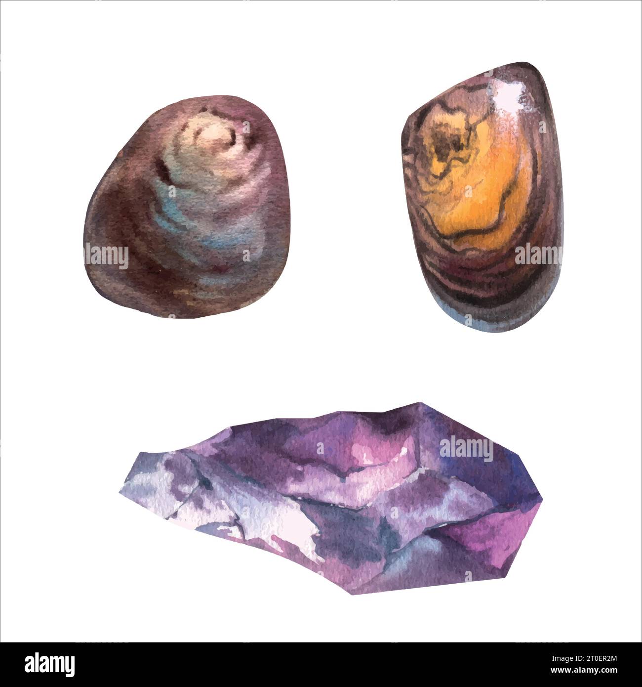 Aquarell Natural Edelsteine Kollektion agat, jaspis, Amethyst. Handgezeichnete Vektorillustration isoliert auf weißem Hintergrund Stock Vektor