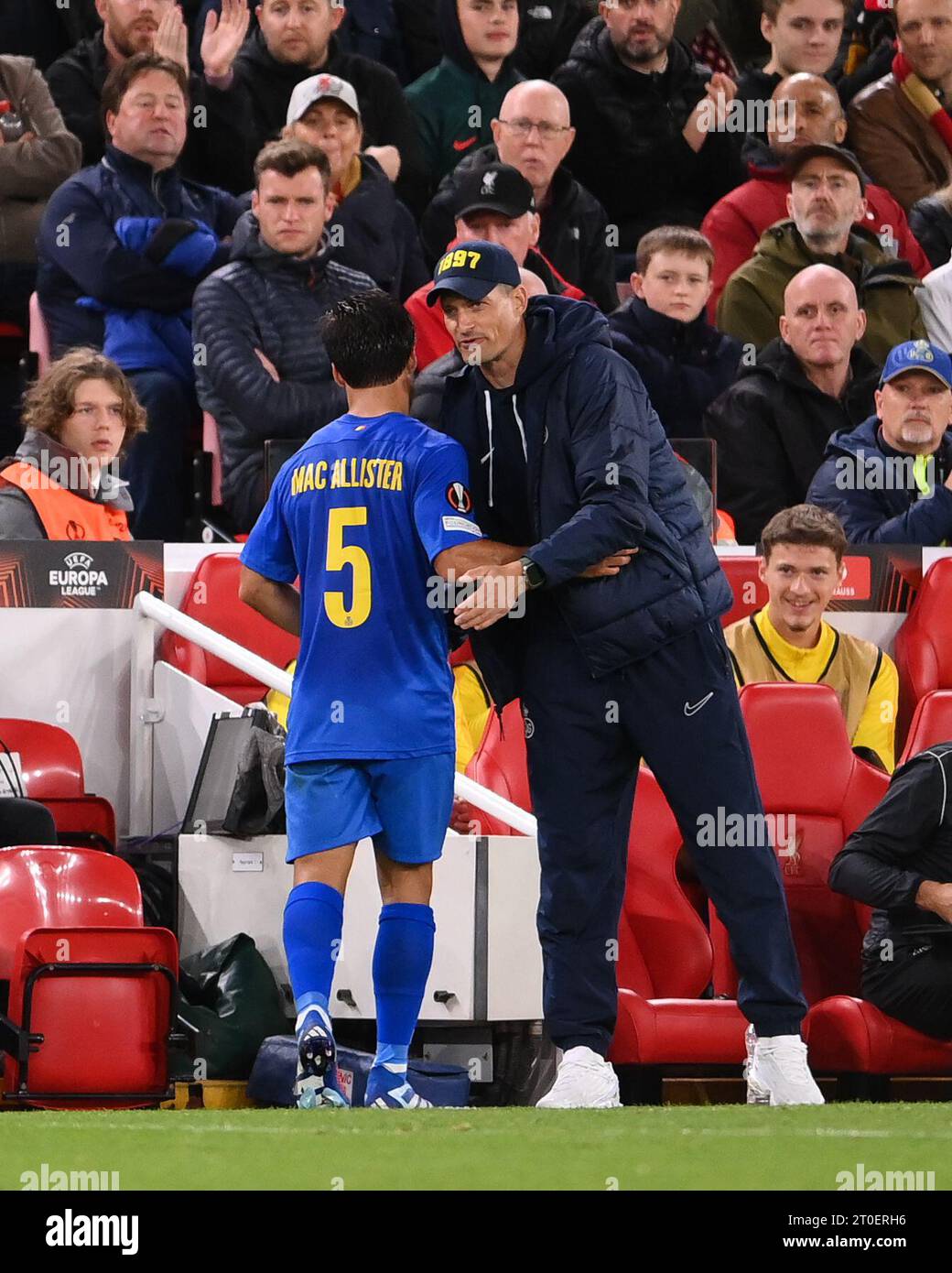 Liverpool, Großbritannien. Oktober 2023. Kevin Mac Allister von Royale Union Saint-Gilloise wird während des Spiels der UEFA Europa League in Anfield, Liverpool, abgesetzt. Der Bildnachweis sollte lauten: Gary Oakley/Sportimage Credit: Sportimage Ltd/Alamy Live News Stockfoto