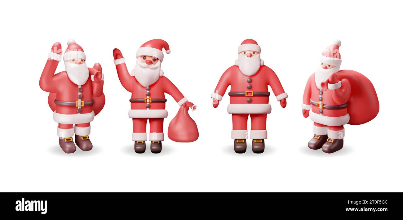 3D-Set mit Weihnachtsmann-Charakter mit Geschenktasche Stock Vektor