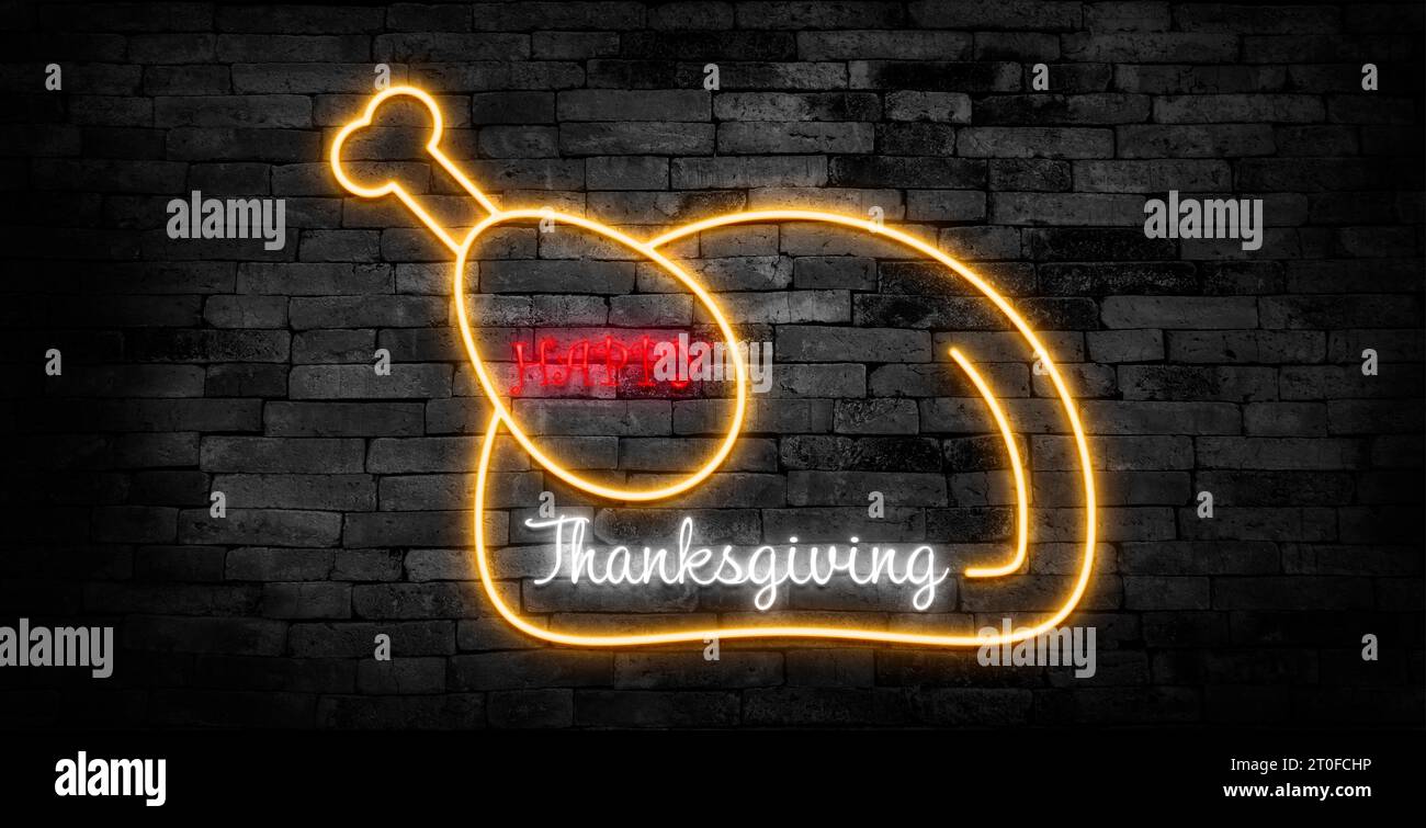 Vektor realistische isolierte Neon-Zeichen der Thanksgiving-Tag-Schrift für Dekoration und Abdeckung auf dem Wandhintergrund. Das Konzept von Happy Thanksgiving da Stockfoto