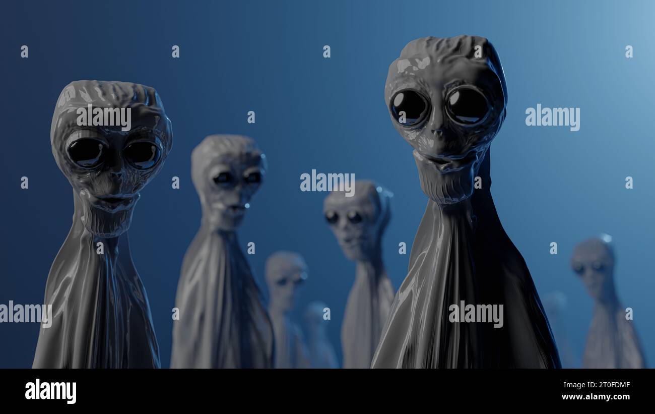 Aliens mit großen Augen auf blauem Hintergrund - gruselige konzeptionelle Illustration Stockfoto