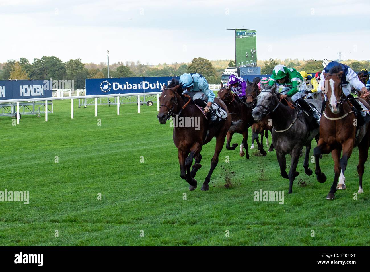 Ascot, Berkshire, Großbritannien. Oktober 2023. Horse Rohaan (ganz rechts), geritten von Jockey Neil Callan, gewinnt die Ascot Iron Stand Membership Handicap Stakes auf der Ascot Racecourse beim Autumn Racing Friday. Besitzer Kieran McCabe und Paul Byrne. Trainer David Evans, Abergavenny. Züchter Liam Phelan. Sponsorin Emma Evans Racing Ltd Quelle: Maureen McLean/Alamy Live News Stockfoto