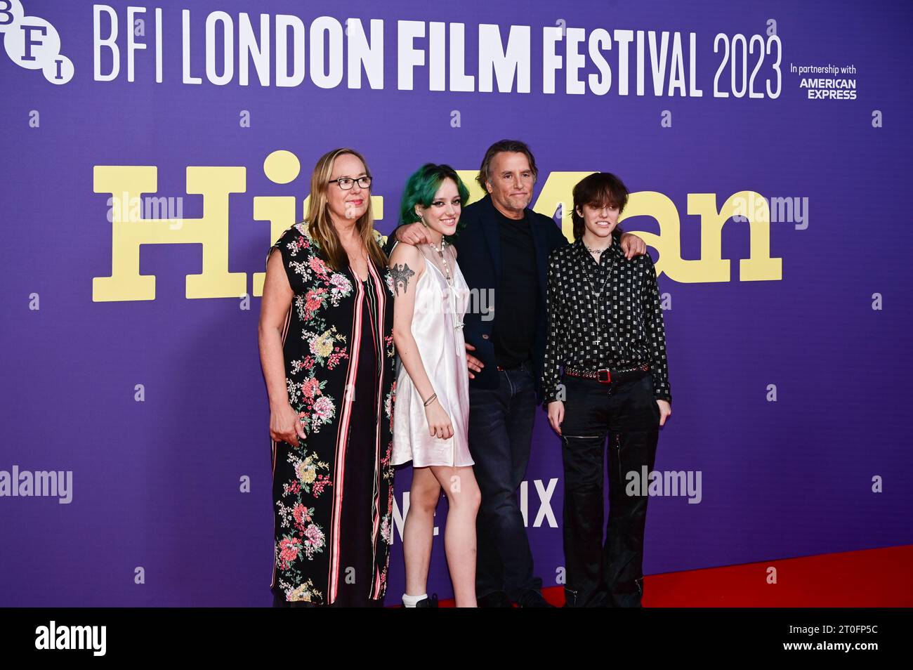 Familie ,#Hitman, Hit man, Royal Festival Hall, 5. Oktober 2023, Richard Linklater, Regisseur, Richard Linklater und Familie, Drehbuchautorin, Kristy Matheson, BFI Festivals Director, Ben Roberts, CEO BFI, See Li, Picture Capital, 67. BFI London Film Festival, BFE, bfi 2023,#bfi 2023, Credit: siehe Li/Picture Capital/Alamy Live News Stockfoto