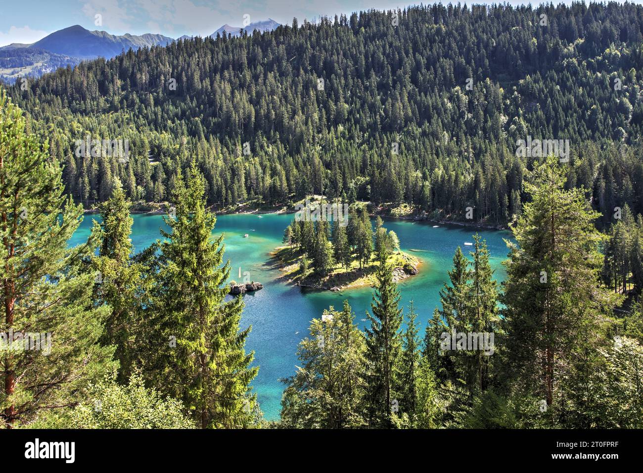 Caumasee (Caumasee oder lag la Cauma), ein wunderschöner Alpensee in der Nähe von Flims in Graubünden, versteckt zwischen Kiefernwäldern, die nur von unterirdischen S gespeist werden Stockfoto