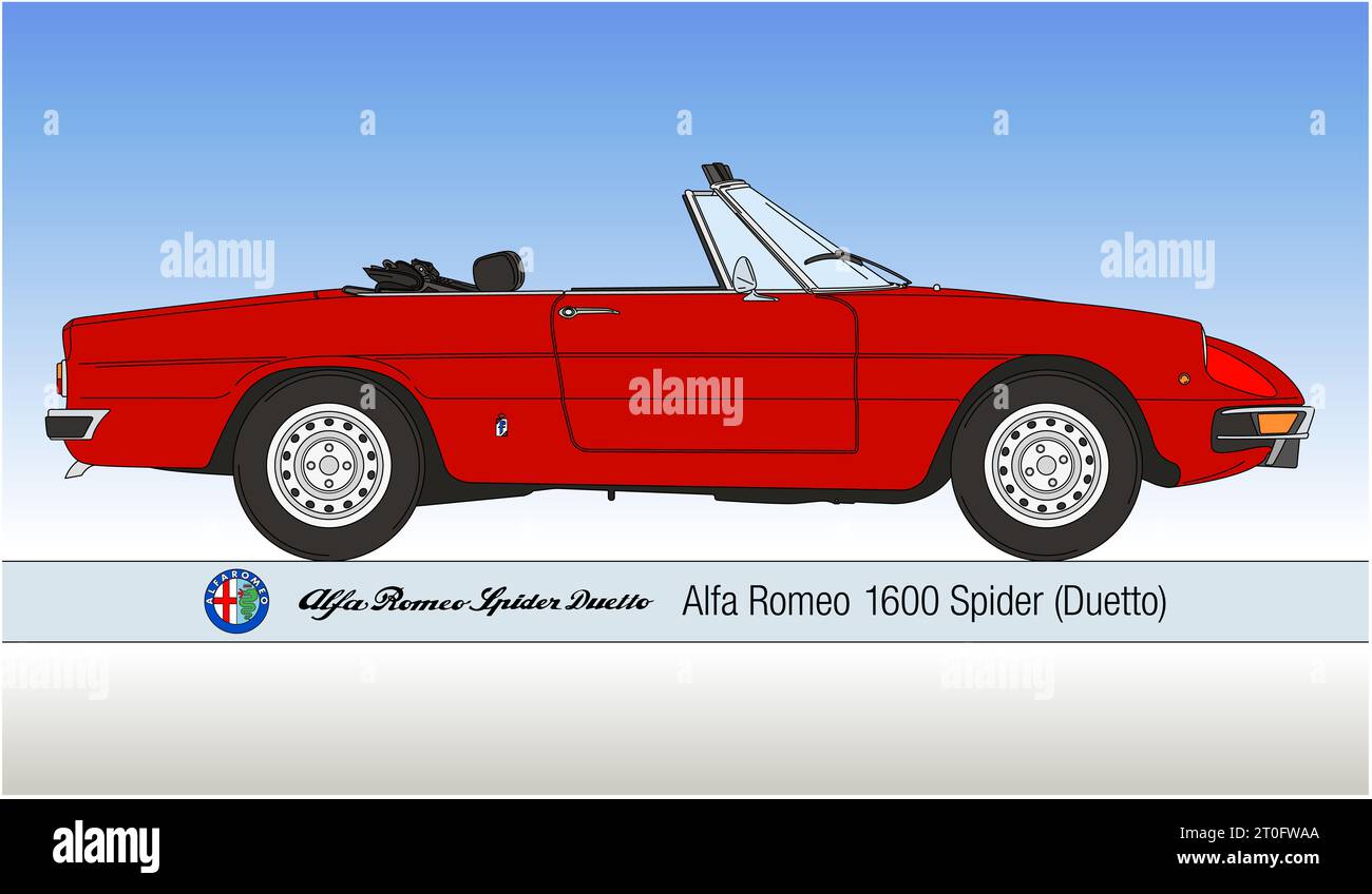 Italien, Jahr 1972, Alfa Romeo Spider 1600 Duetto Oldtimer Silhouette, Zeichnung auf weißem Hintergrund, rot gefärbt, Vektorillustration Stockfoto