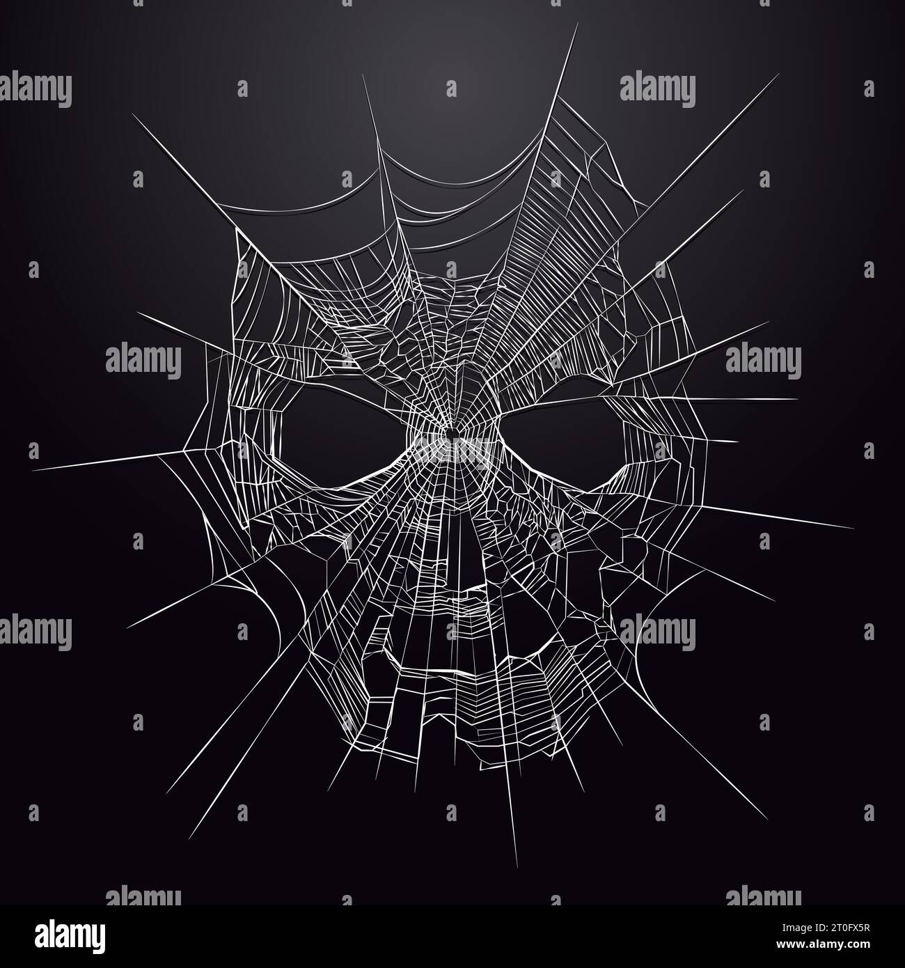Spinnennetz in Form eines Schädels auf schwarzem Hintergrund. Vektorabbildung. Eps 10. 2 Farben. Halloween-Hintergrundbild. Stock Vektor