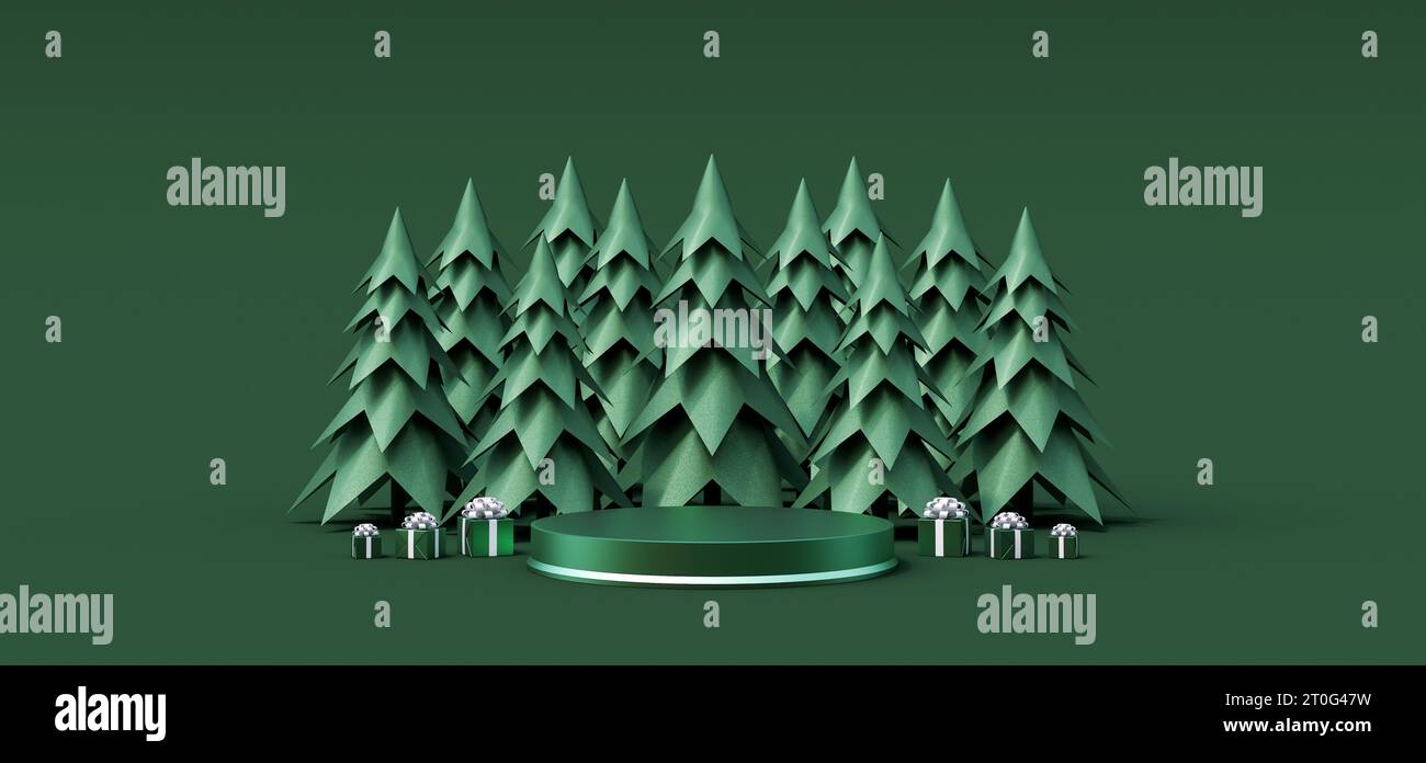 Tannenbäume mit Geschenken und Mockup-Podium für Produkt auf grünem Hintergrund 3D-Rendering Stockfoto