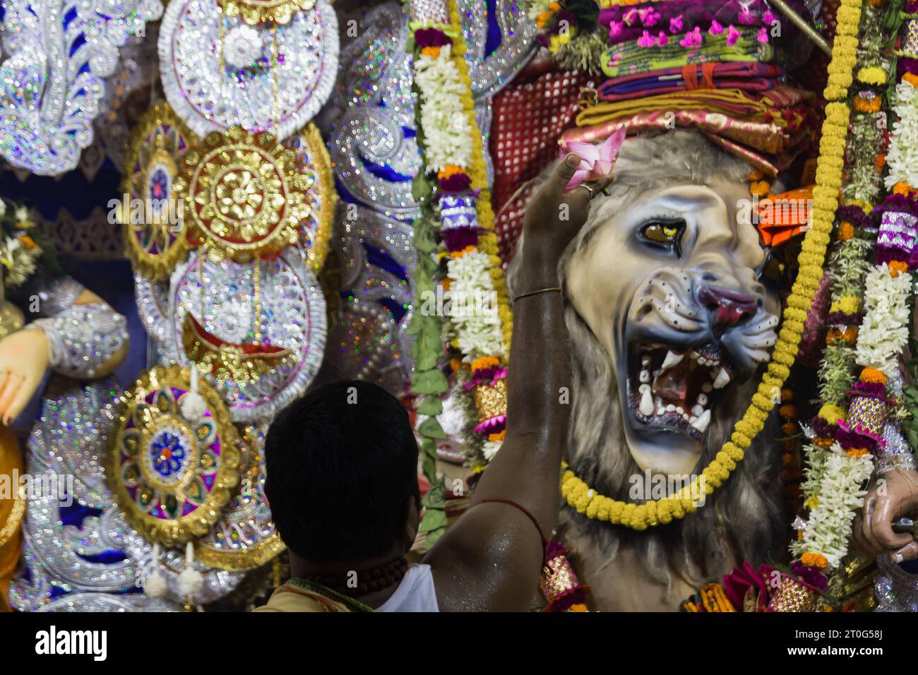 Der hindupriester führt Rituale der durga puja mit einem Lotus in der Hand durch. Er verehrt die Göttin durga während des berühmten religiösen Festivals in bengalen indien. Stockfoto