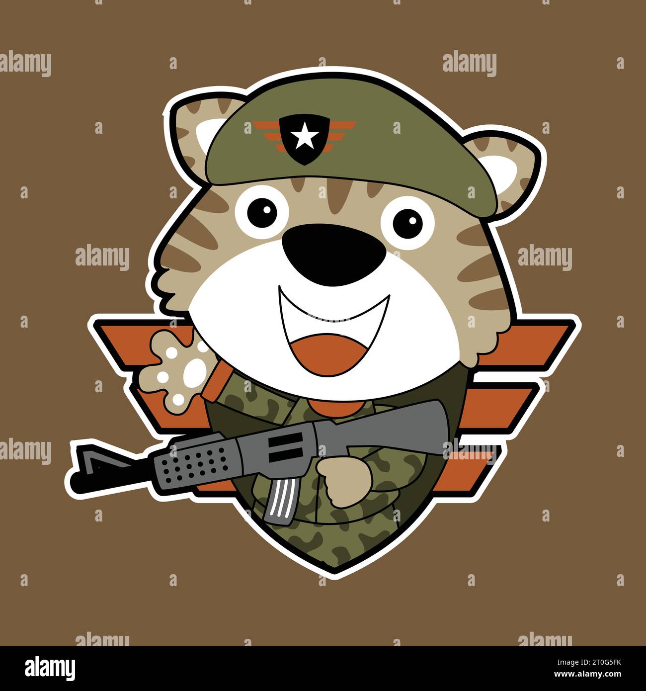 Comic lustige Katze in Soldatenuniform mit Gewehr, Vektor-Illustration Stock Vektor