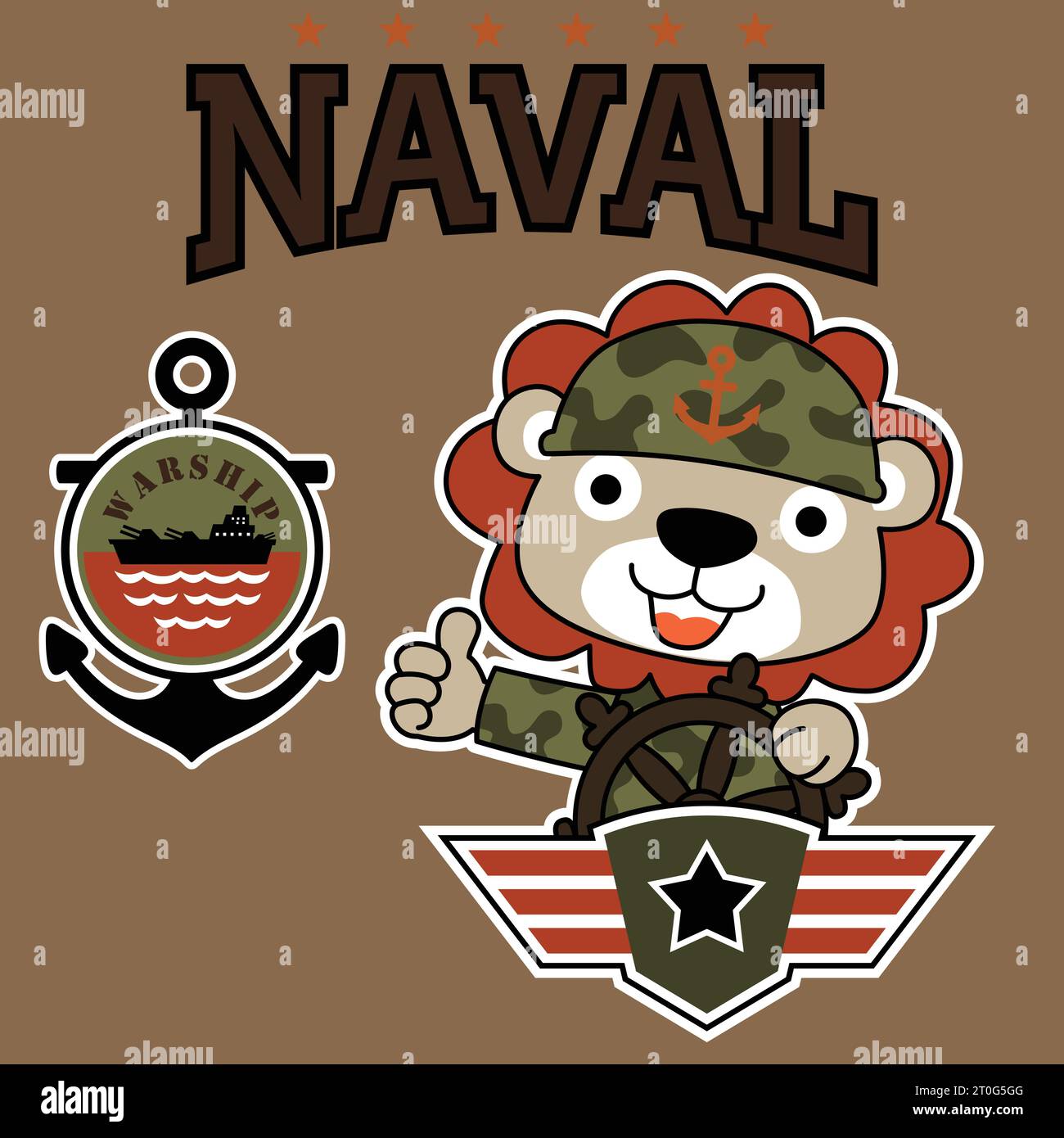Niedlicher Löwe in Armeeuniform, der das Lenkrad mit Marinemeilen hält, Vektor-Zeichentrickillustration Stock Vektor