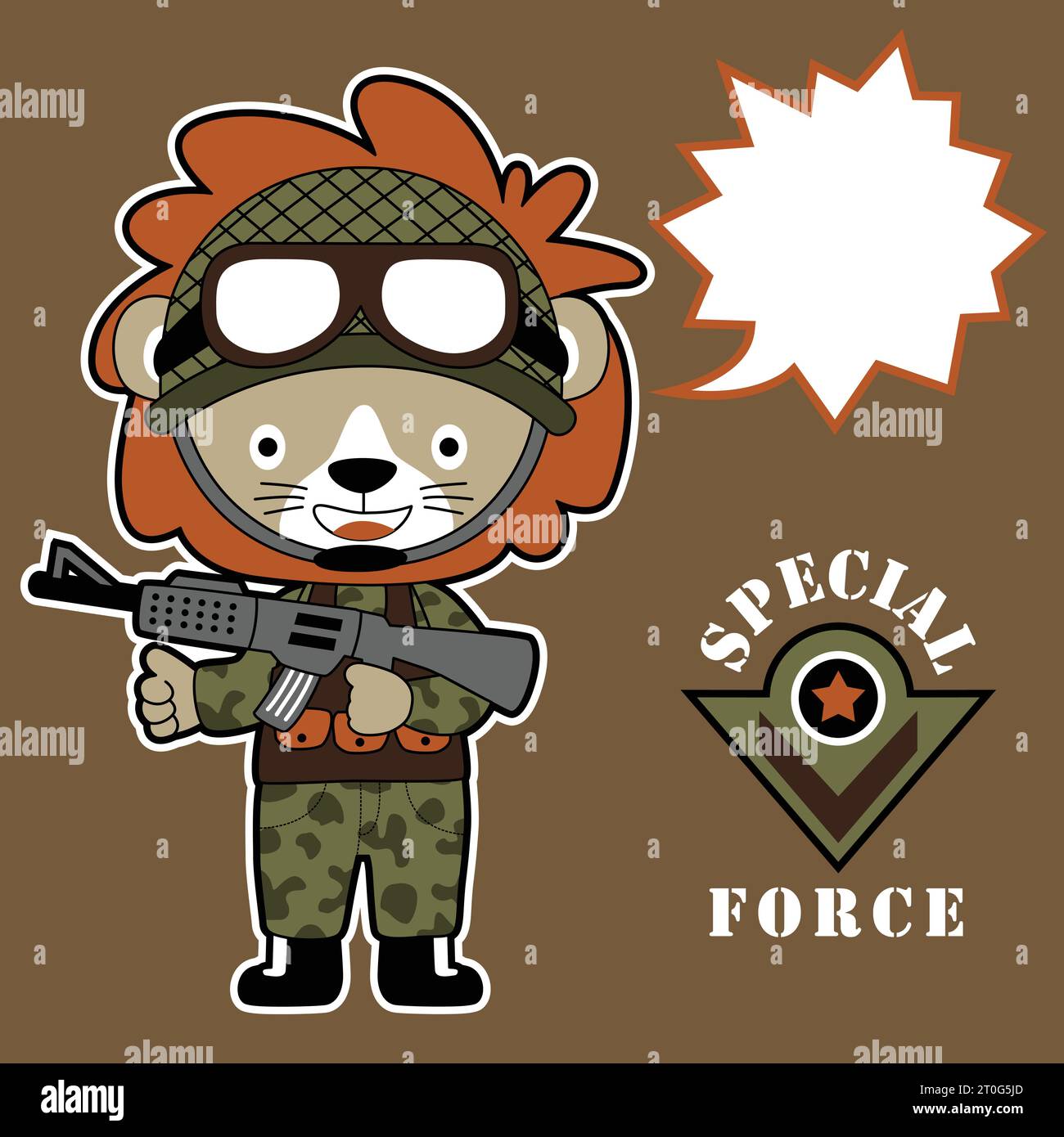 Lustiger Löwe in Soldatenuniform mit Gewehr, militärischem Element, Vektor-Zeichentrickillustration Stock Vektor