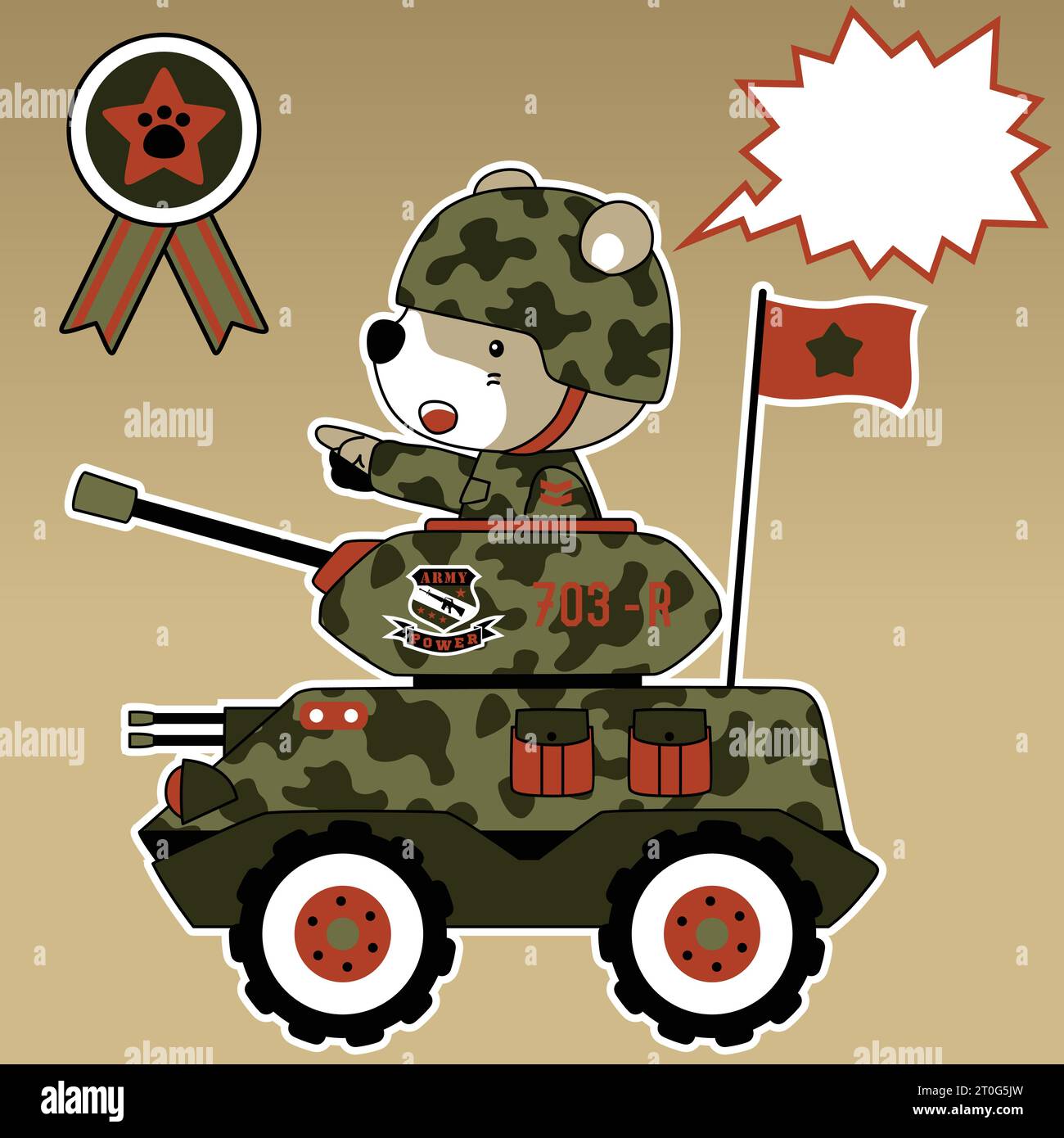 Lustiger Bärensoldat auf gepanzertem Fahrzeug, Vektor-Zeichentrickillustration Stock Vektor