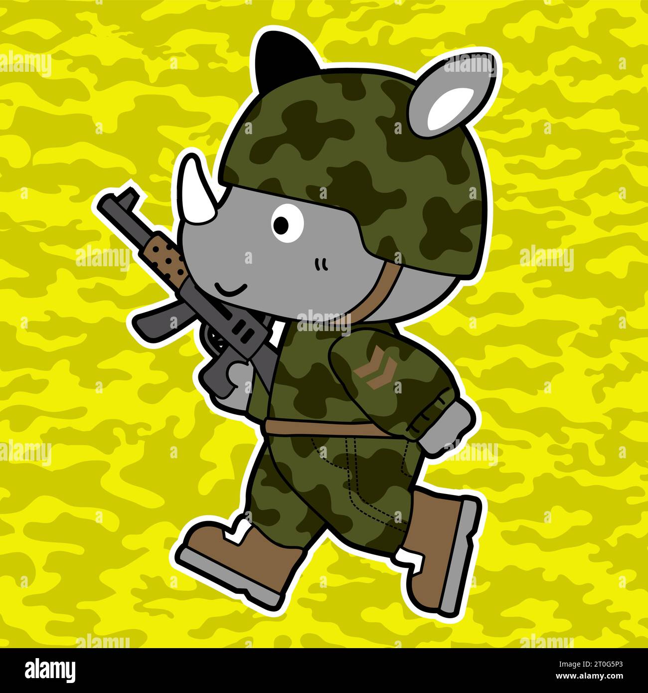 Niedliches Nashorn in Soldatenuniform mit Gewehr auf Tarnhintergrund, Vektor-Zeichentrickillustration Stock Vektor