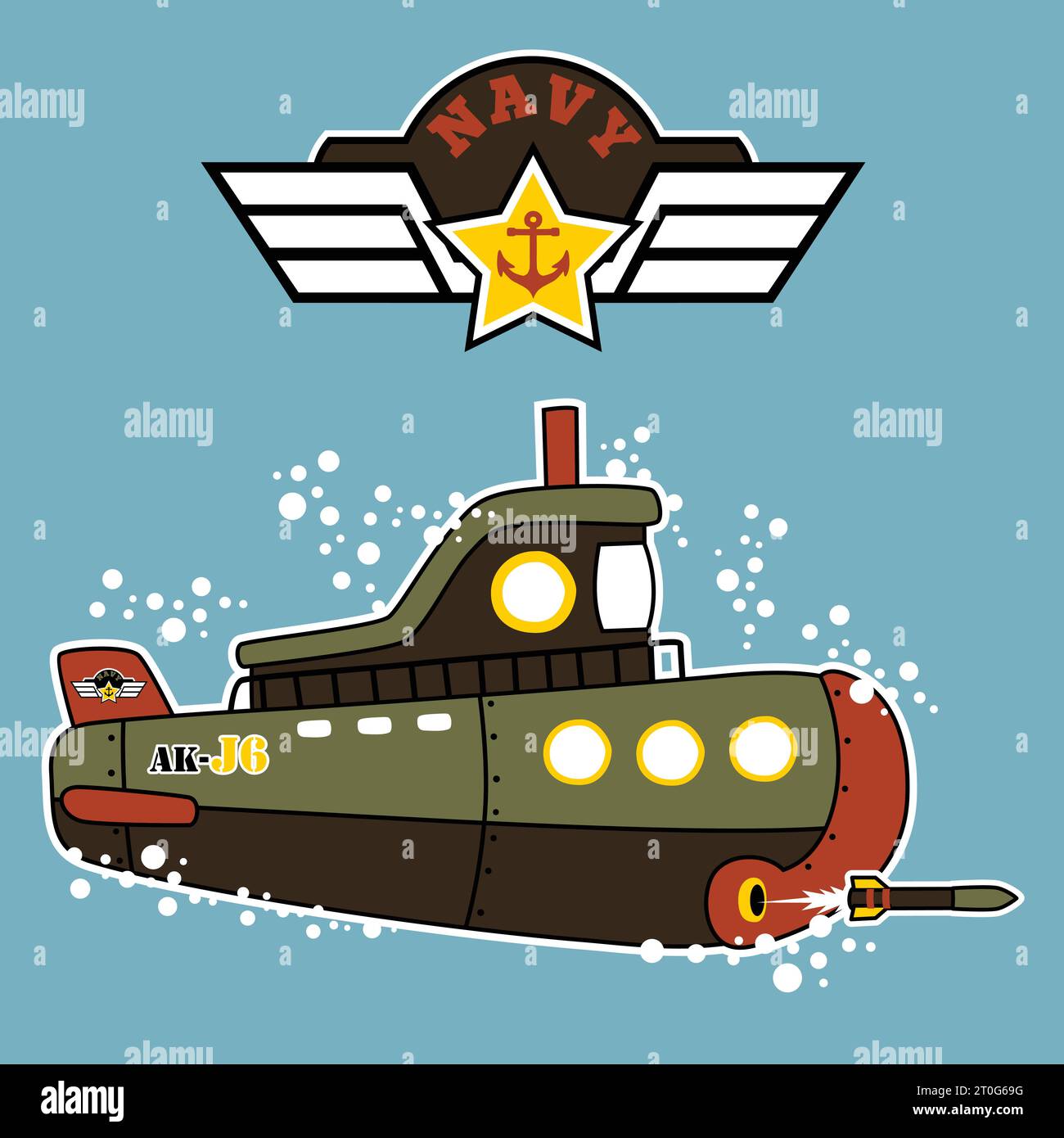 Militärisches U-Boot feuert einen Torpedo mit militärischem Logo ab, Vektor-Zeichentrickillustration Stock Vektor