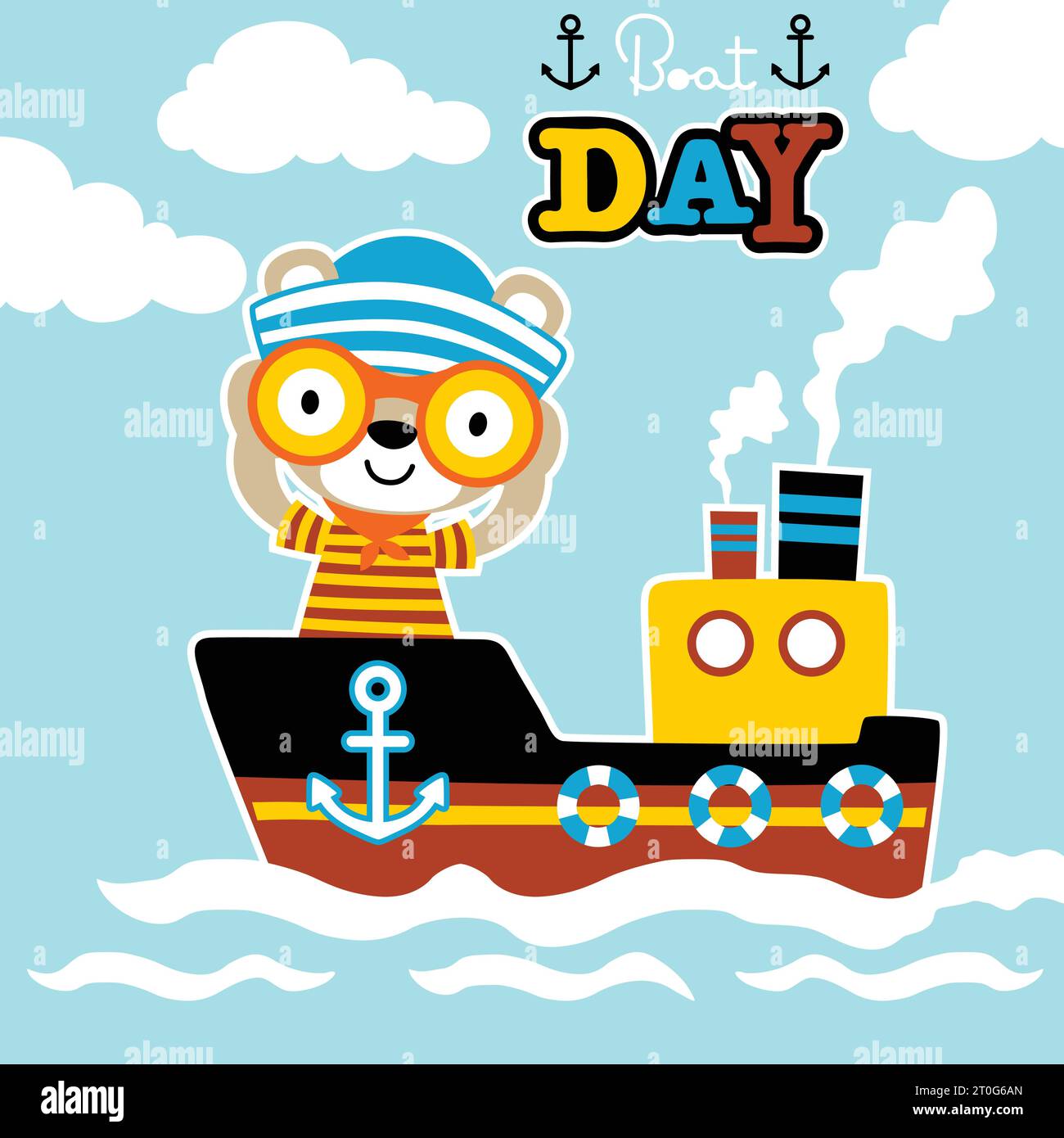 Niedlicher Bär im Matrosenkostüm mit Fernglas auf Schiff, Vektor-Zeichentrickillustration Stock Vektor