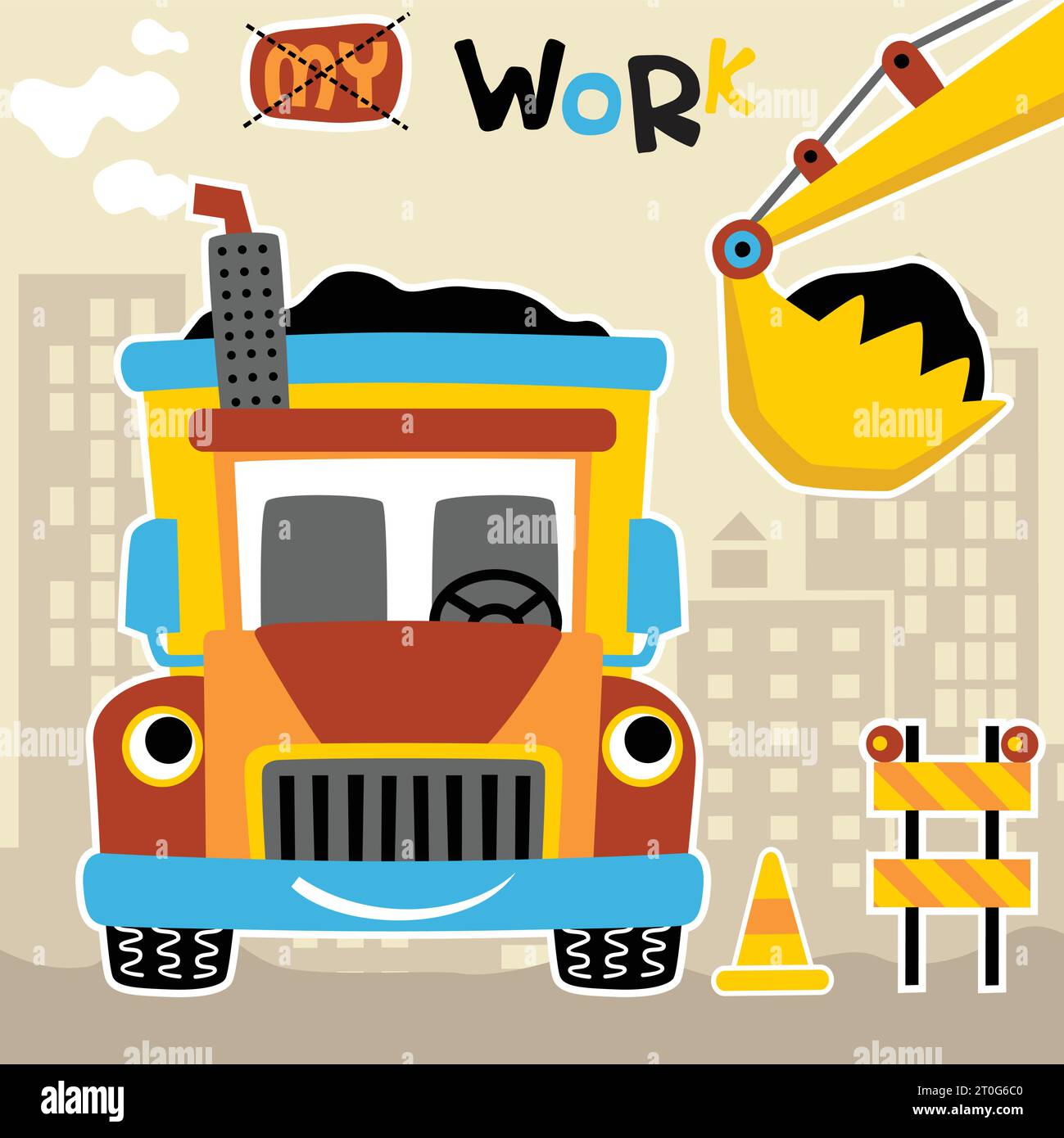 Lustiger Kipplaster, der arbeitet, Konstruktionselemente, Vektor-Zeichentrickillustration Stock Vektor