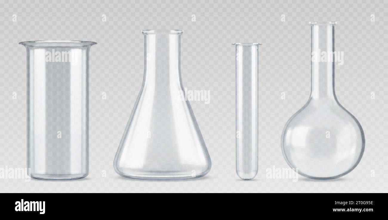 3. Chemielabor-Glas-Wissenschafts-Testkolben. Realistische Laborbecherausrüstung. Chemisches Glasgefäß, isoliertes Vektorset. Messung des leeren Zylinders Stock Vektor