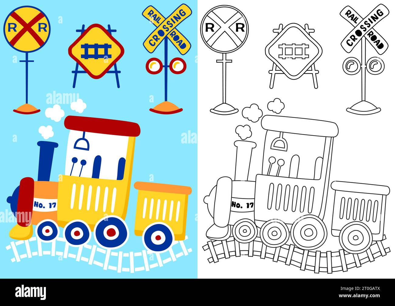Dampfeisenbahn mit Eisenbahnschildern, Vektor-Zeichentrickillustration, Malbuch oder Seite Stock Vektor
