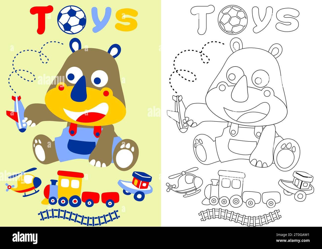 Kleines Nashorn mit ihm Spielzeug, Vektor-Zeichentrickillustration, Malbuch oder Seite Stock Vektor