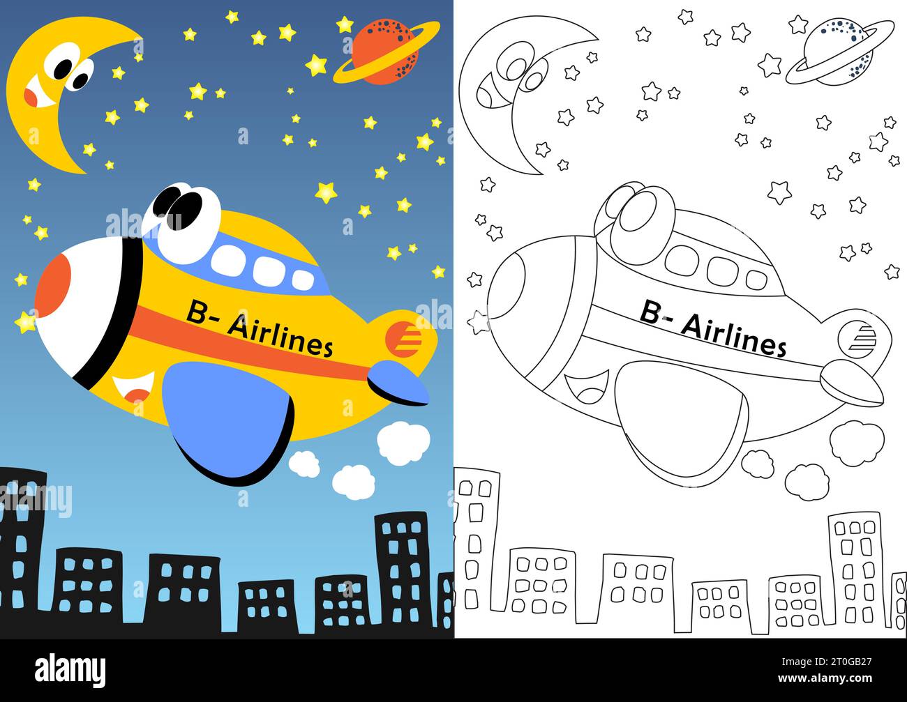 Lustige Flugzeuge fliegen über Gebäude mit Himmelsobjekten in der Nacht, Malbuch oder Seite, Vektor-Karikaturillustration Stock Vektor