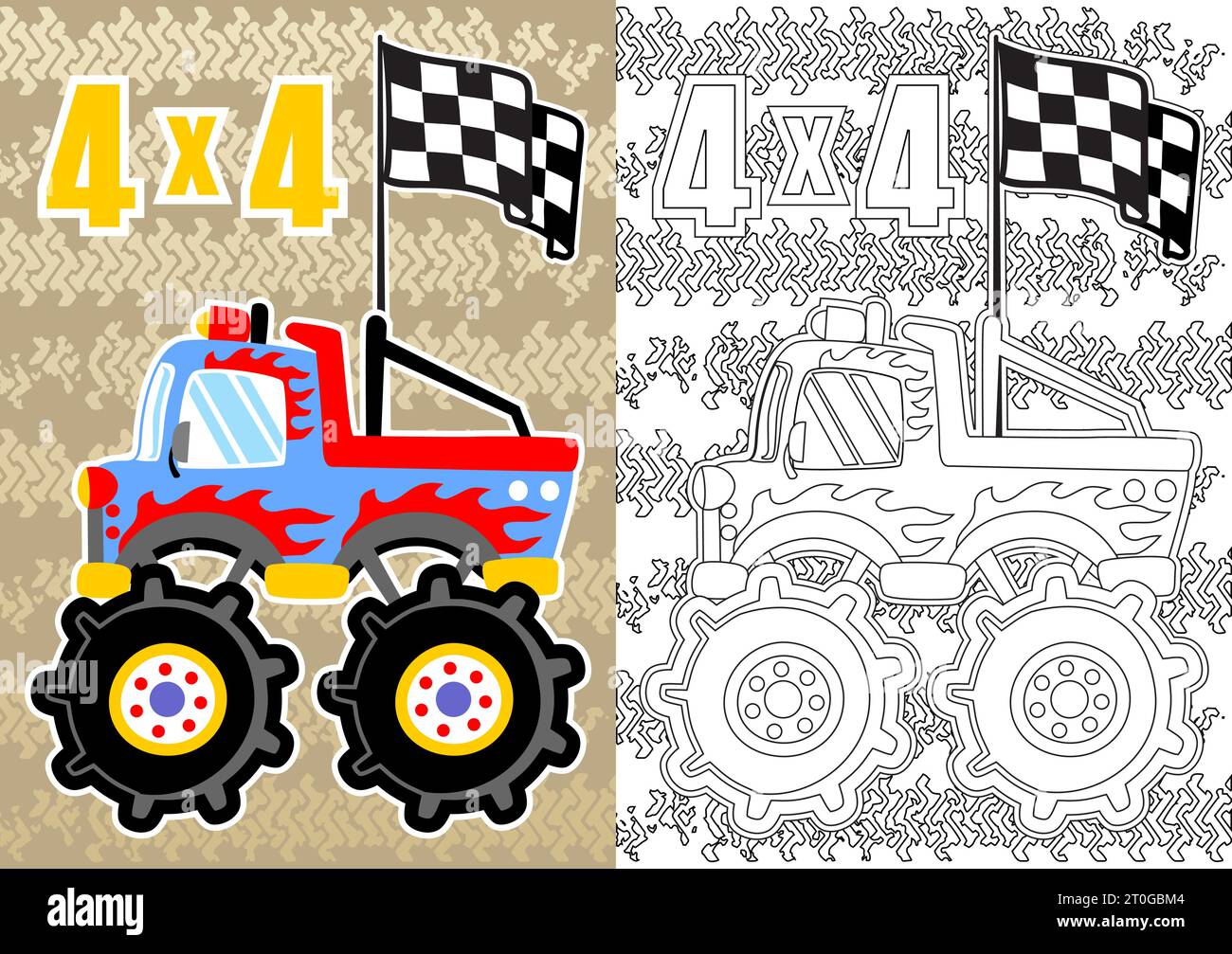 Monster Truck mit Finish-Flagge auf Reifenspur Hintergrund, Vektor-Zeichentrickabbildung, Malbuch oder Seite Stock Vektor