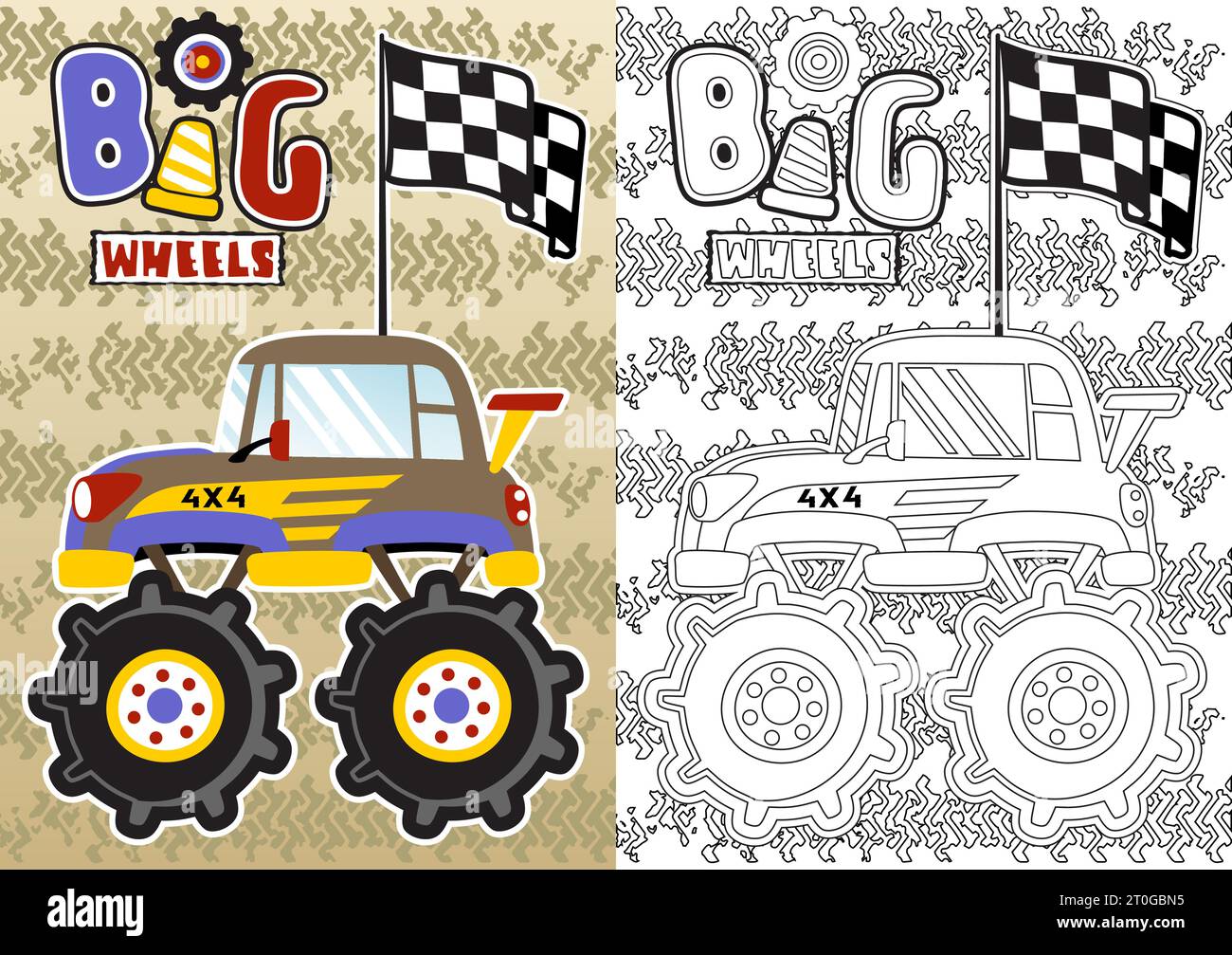 Monster Truck mit Finish-Flagge auf Reifenspur Hintergrund, Vektor-Zeichentrickabbildung, Malbuch oder Seite Stock Vektor