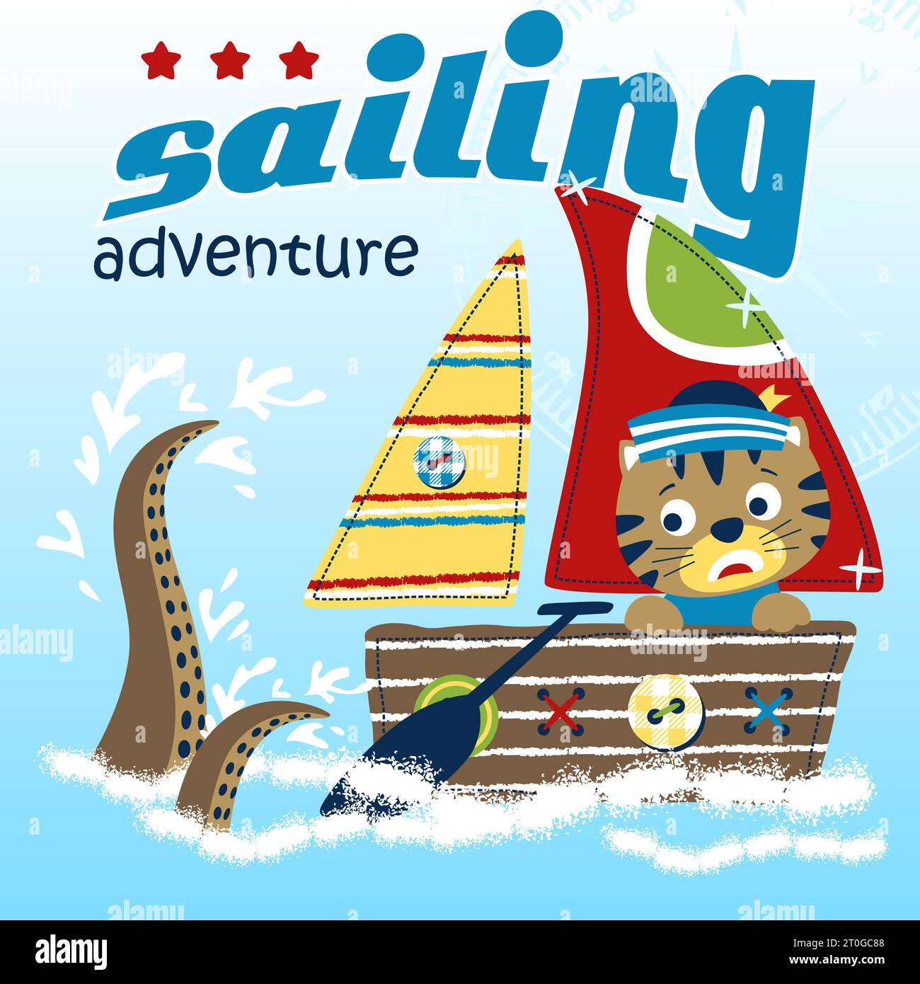 Riesenkraken Angriff Kätzchen auf Segelboot, Vektor-Zeichentrickillustration Stock Vektor