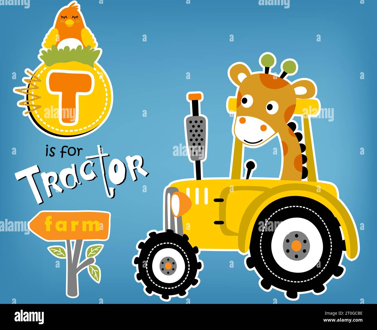 Niedliche Giraffe auf Traktor mit lustigen Hühnern Eier legen, Vektor-Karikaturillustration Stock Vektor