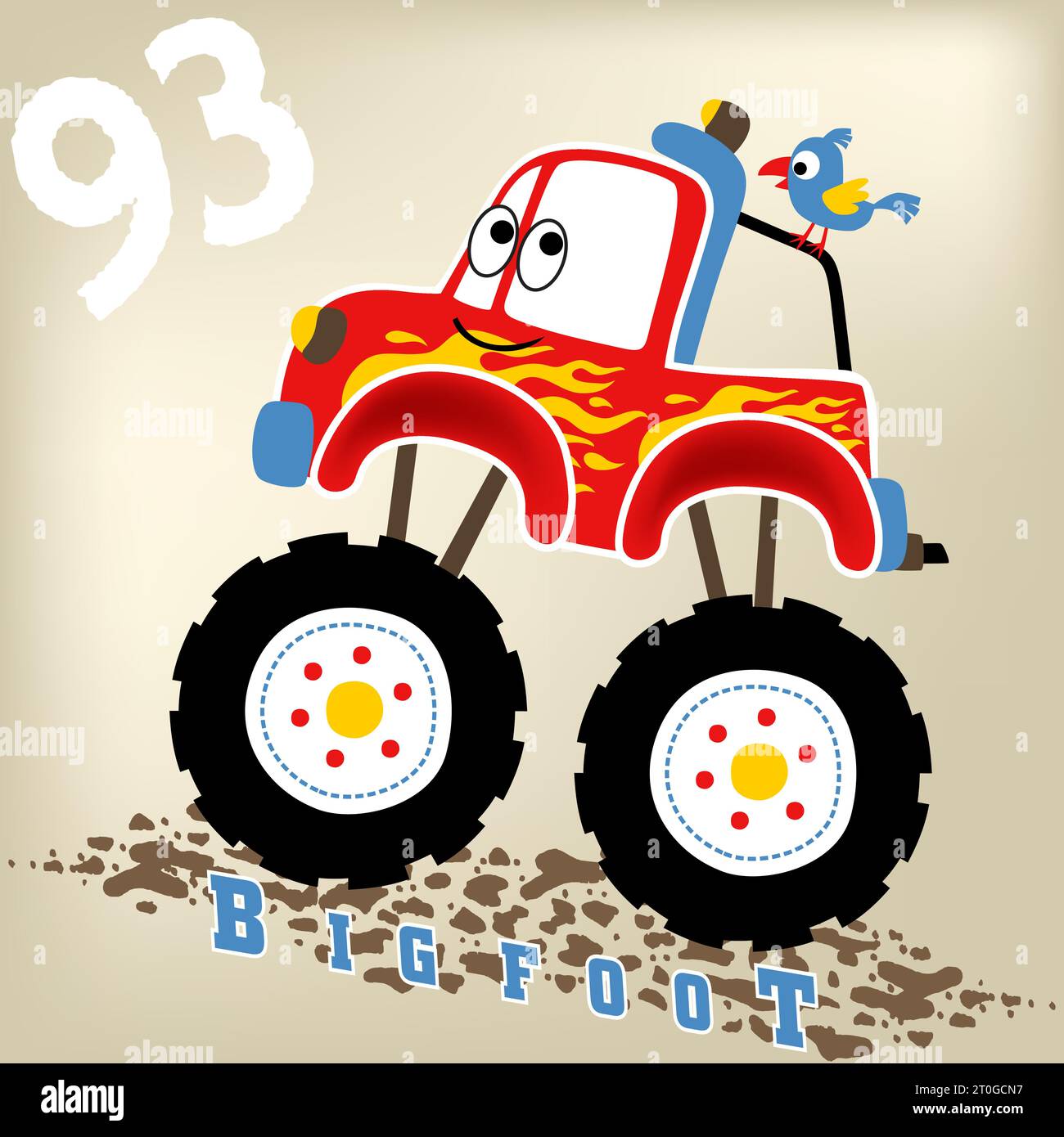 Lustiger Monster Truck mit einem kleinen Vogel, Vektor-Comic Illustration Stock Vektor