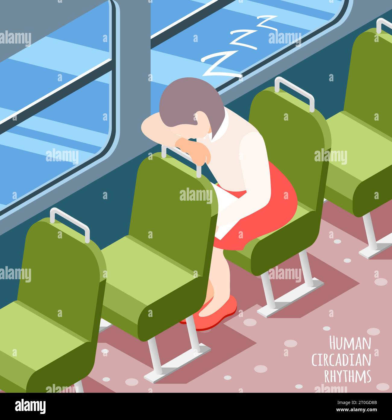 Menschliche zirkadiane Rhythmen isometrisch farbigen Hintergrund mit Frau schlafen im öffentlichen Verkehr Vektor-Illustration Stock Vektor
