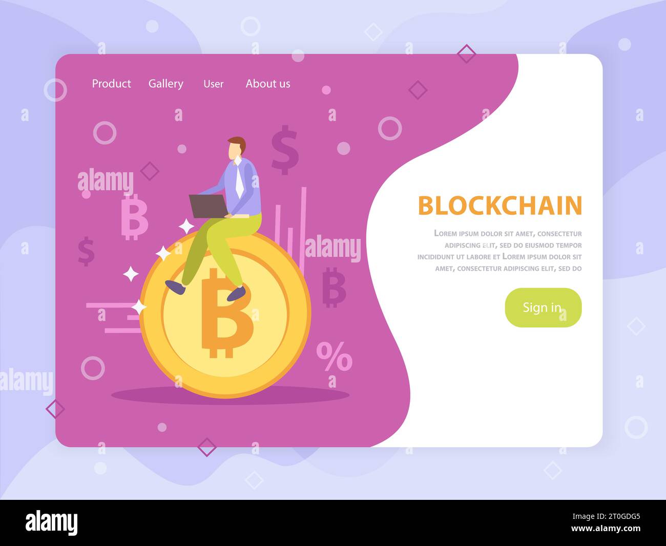 Erste Münze mit Blockchain Krypto-Währung Online-Crowdfunding flache Landung Webseite Zeichen in Design Vektor Illustration Stock Vektor