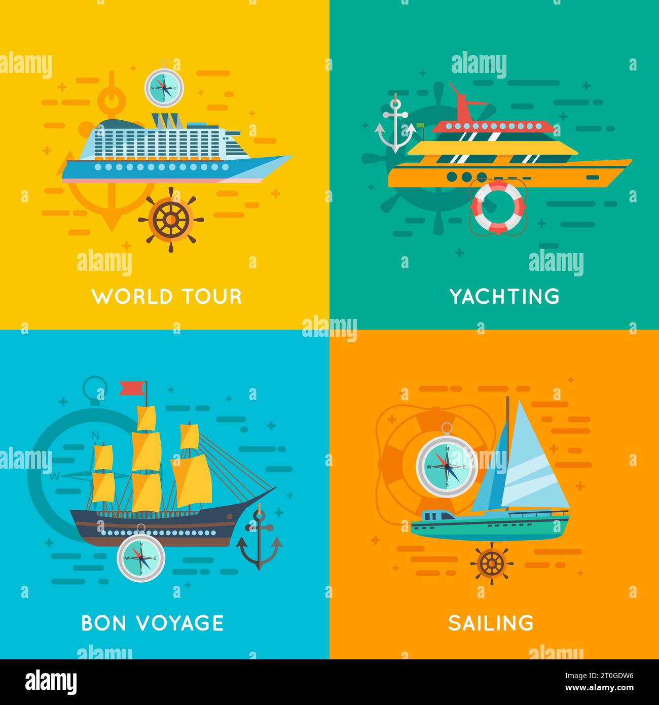 Ocean Liner Welt Kreuzfahrt und Yacht Club Segeln 4 flache Symbole quadratische Banner abstrakt isoliert Vektor Illustration Stock Vektor