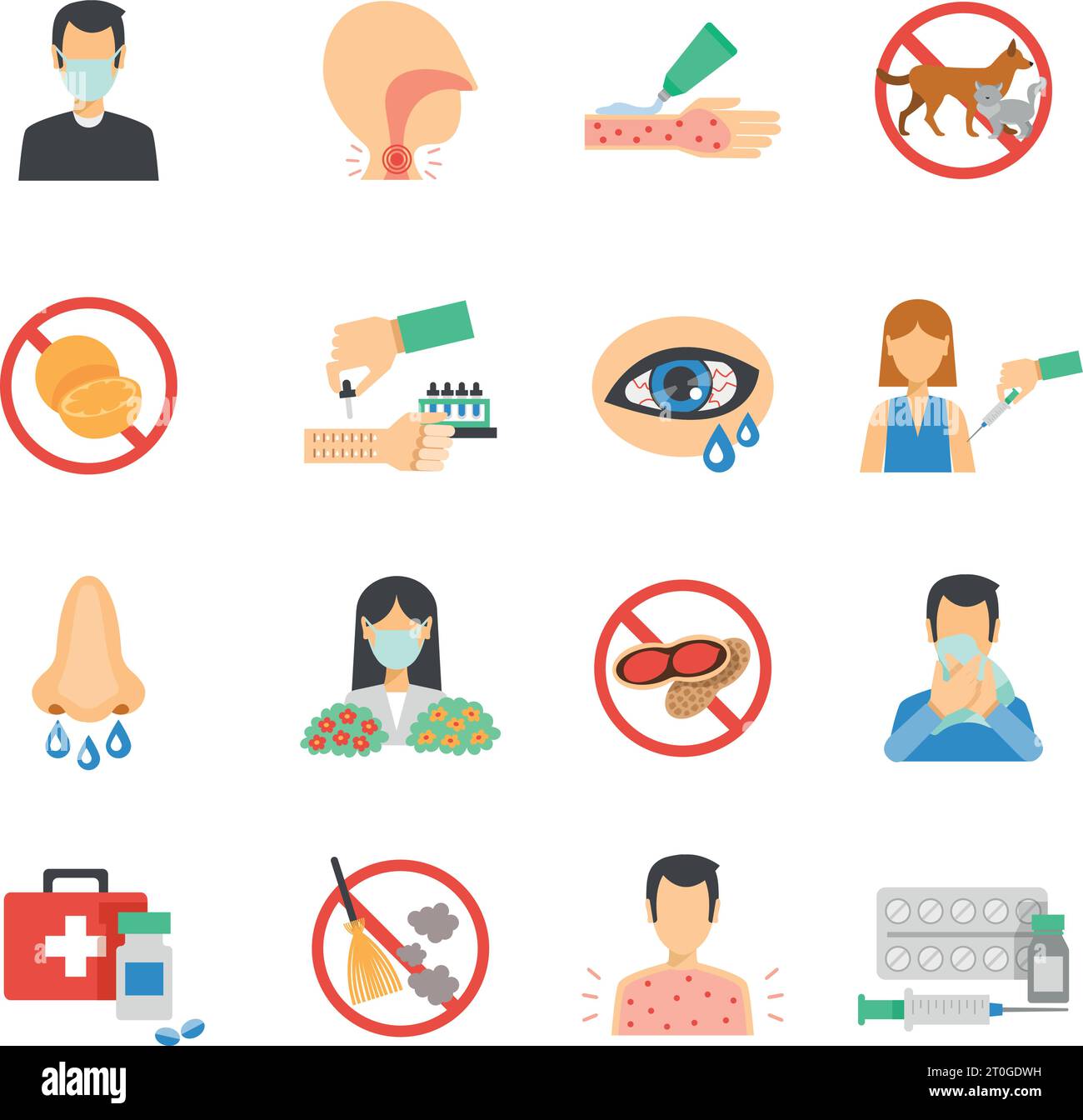 Symbole für Allergiesymptome und Allergene flacher Satz isolierte Vektordarstellung Stock Vektor