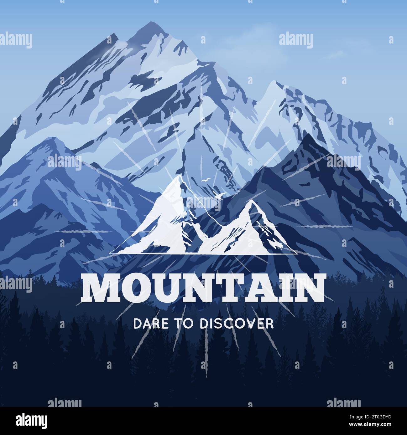 Typografie-Plakat von hohen felsigen Bergen im Winter mit Silhouette von Wald auf piemont Vektor-Illustration Stock Vektor