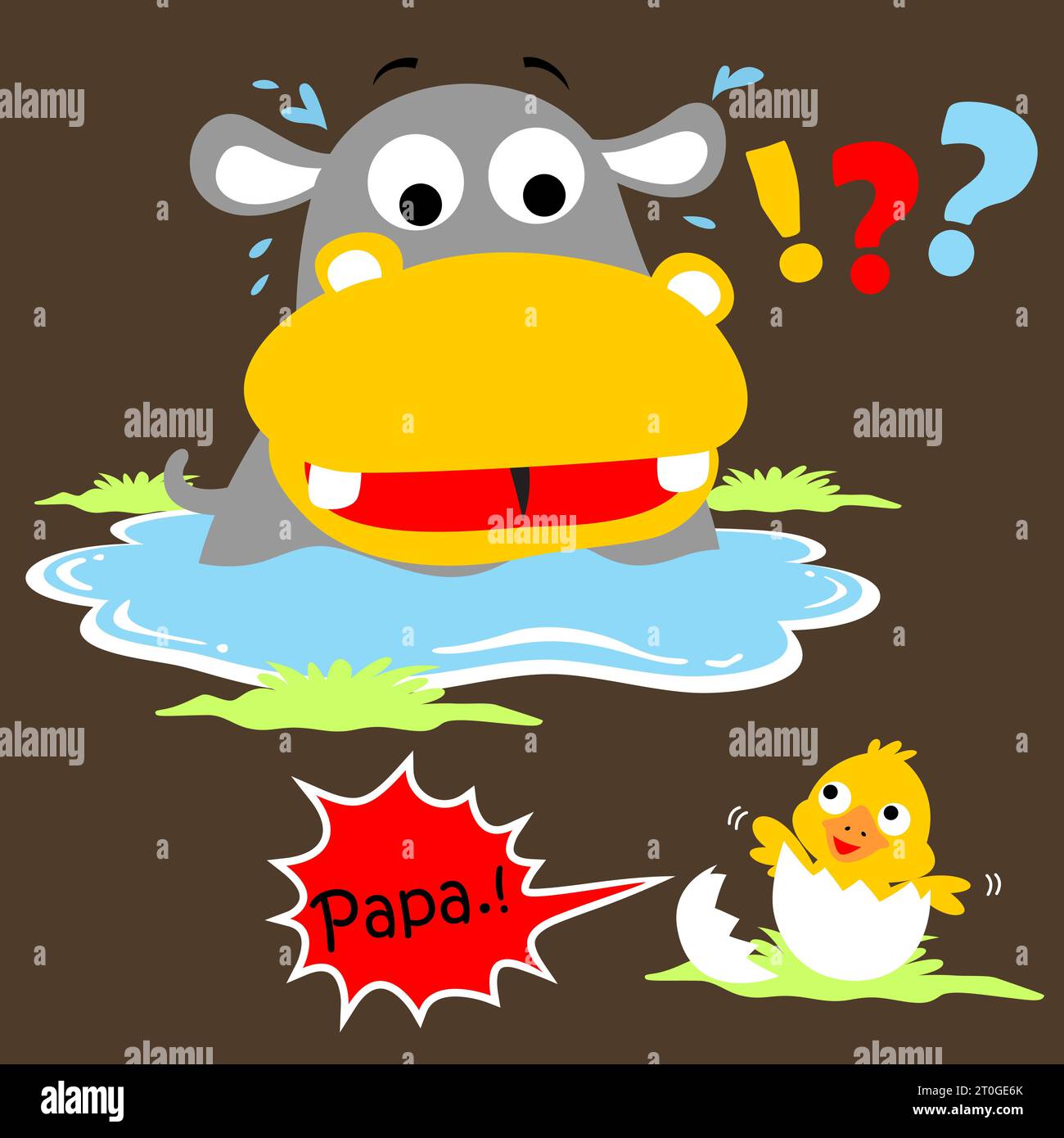 Niedliches Nilpferd mit neugeborener Ente, Vektor-Zeichentrickillustration Stock Vektor