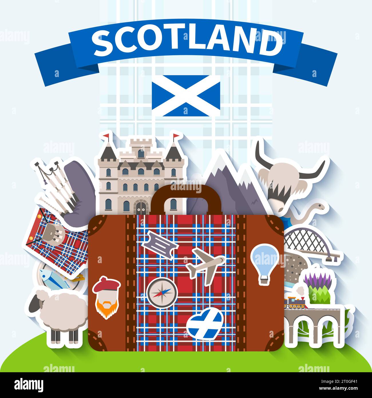 Schottland Reise Hintergrund mit nationalen Symbolen und Natur flache Vektor-Illustration Stock Vektor