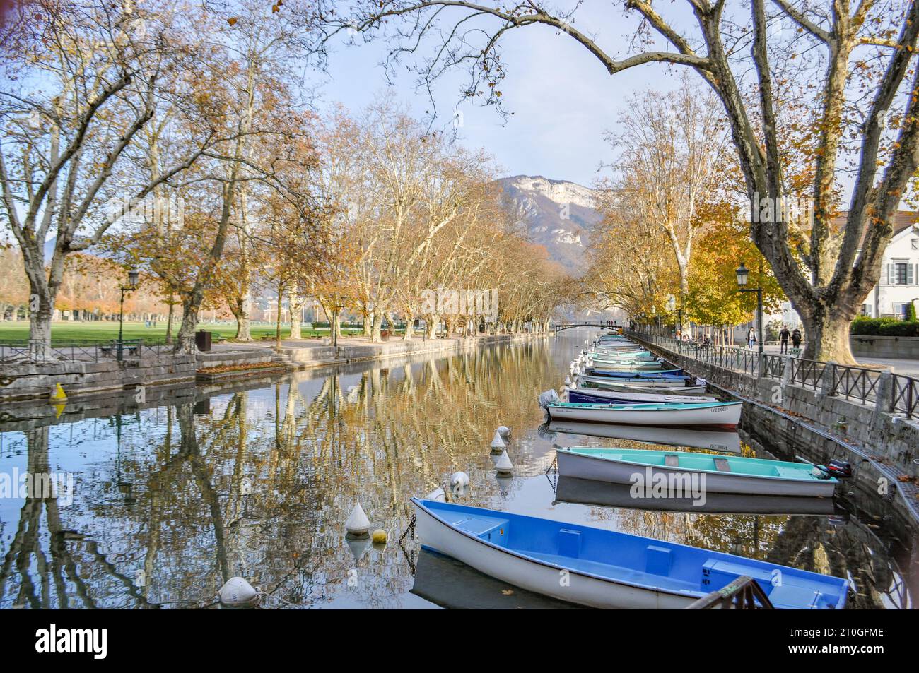 Baumreflexionen und farbenfrohe Ruderboote auf dem Canal du Vassé mit Blick auf die Pont des Amours an einem Herbsttag in Annecy, Frankreich Stockfoto