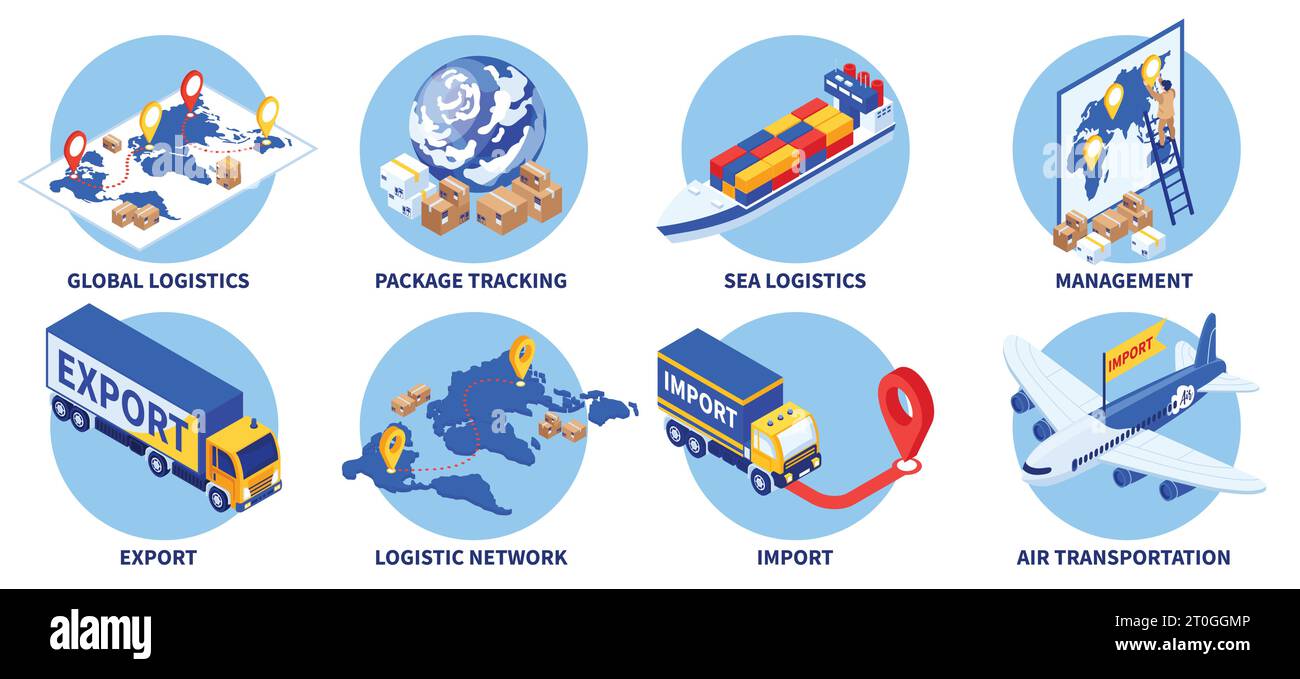 Isometrischer Export Import Set von Kreiskompositionen mit Textunterschriften Frachtfahrzeuge Logistikmanagement Zielpunkte Vektorillustration Stock Vektor