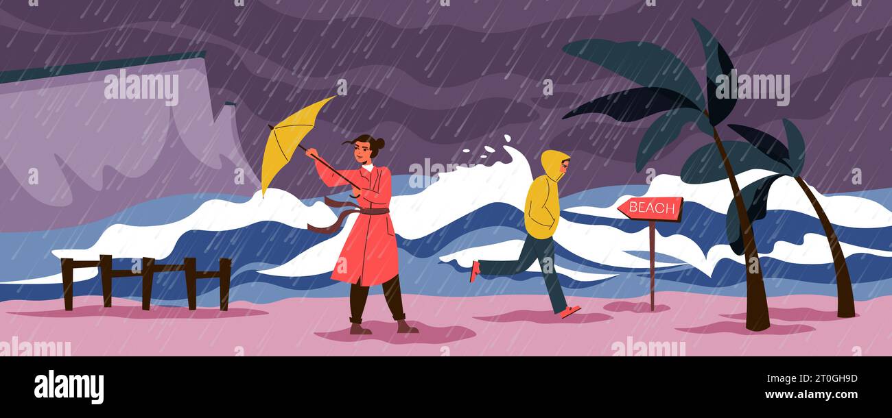 Regensturm flaches Konzept mit Menschen in der Nähe der Küste Vektor Illustration Stock Vektor