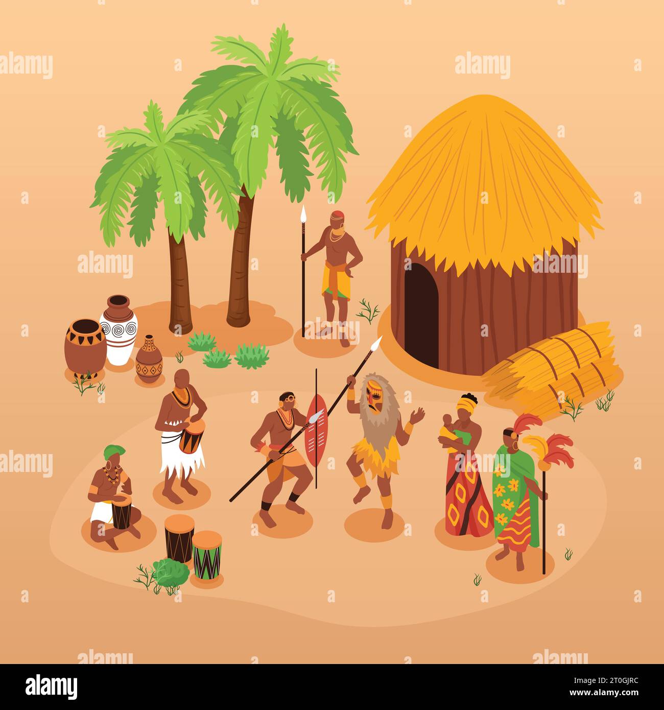 Isometrische afrikanische Volkskomposition mit isolierten Charakteren der Eingeborenen mit Palmen, alten Armen und Strohballenhaus-Vektor-Illustration Stock Vektor