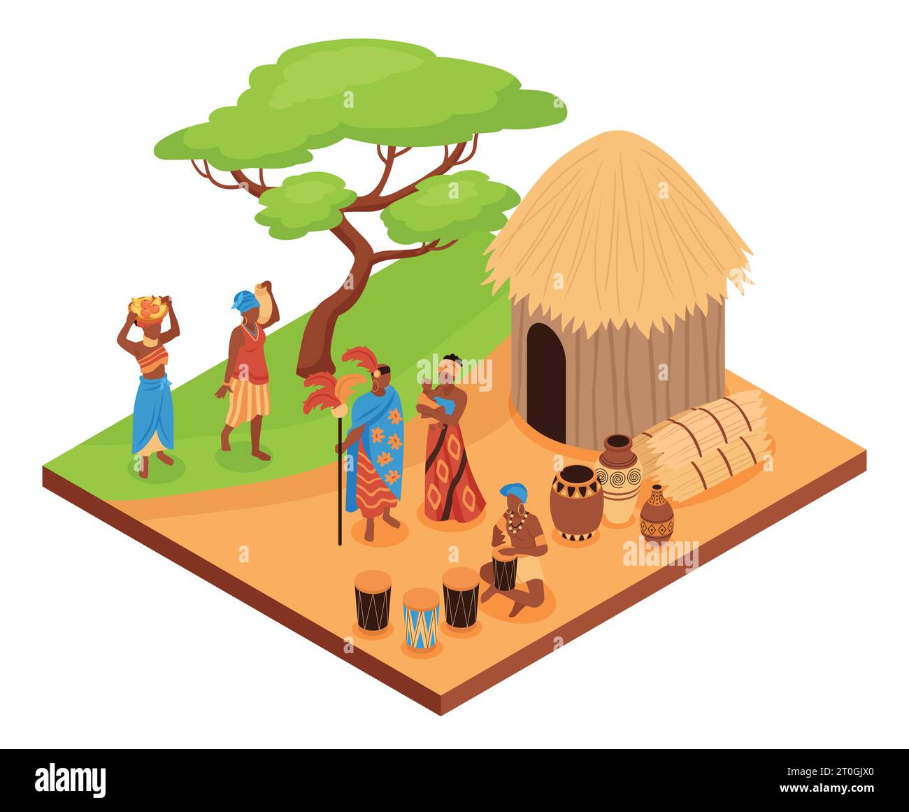 Isometrische afrikanische Volkszusammensetzung mit isolierter Ansicht von wilden Ländern mit Wohnraum und einheimischen Familienmitgliedern Vektorillustration Stock Vektor