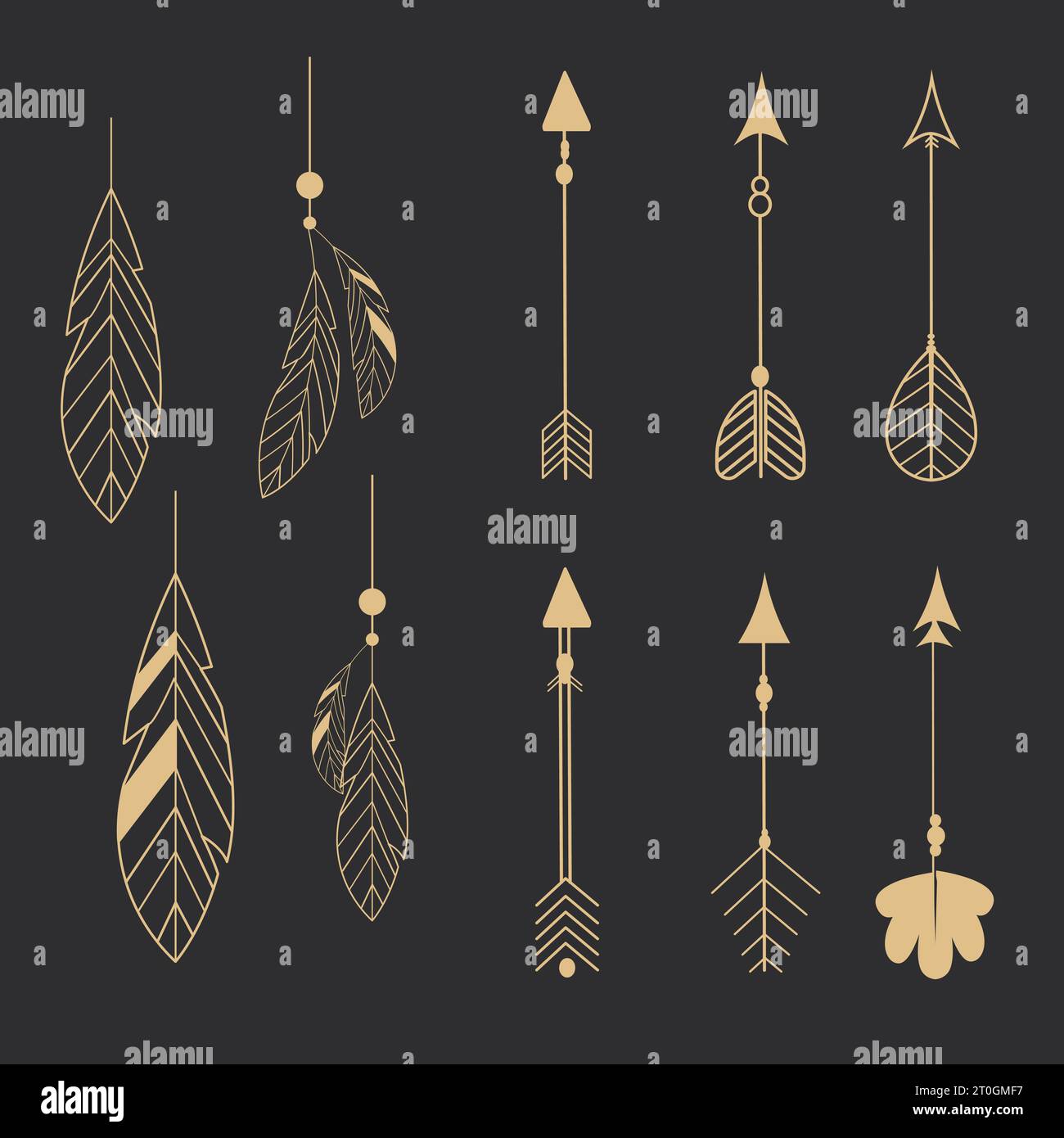 Set goldene Stammesfedern Linie Kunst einheimischer Pfeil ethnischer indianer im Doodle-Stil auf dunklem Hintergrund. Geometrische Boho-Elemente. Vektorabbildung Stock Vektor