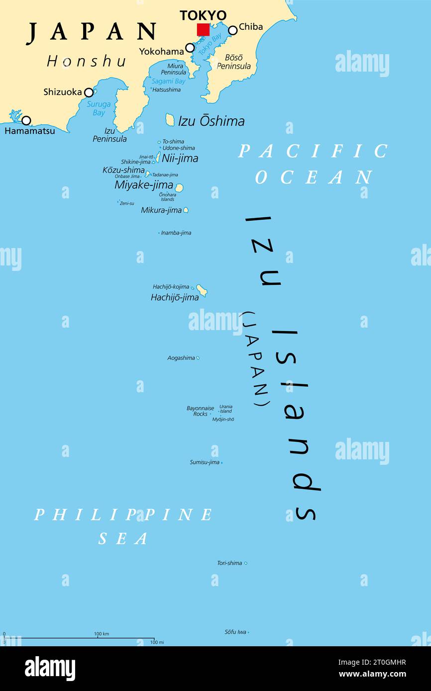 Izu-Inseln, Inselgruppe Japans, politische Karte. Gelegen im Pazifik und Teil der Präfektur Tokio, erstreckt sich von der Izu-Halbinsel bis Sofu Iwa. Stockfoto