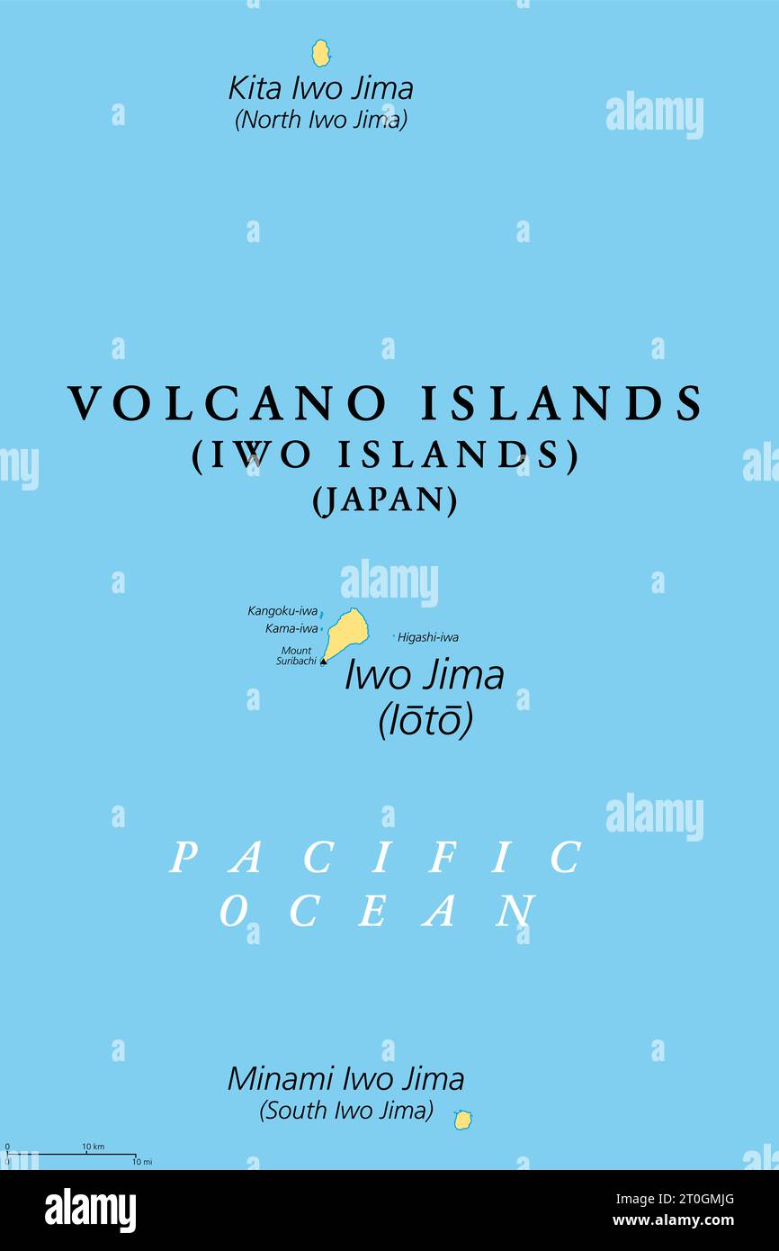 Vulkaninseln oder Iwo-Inseln, drei Vulkaninseln Japans, politische Karte. Kazan Retto mit Iwo Jima und mit Kita und Minami Iwo Jima. Stockfoto