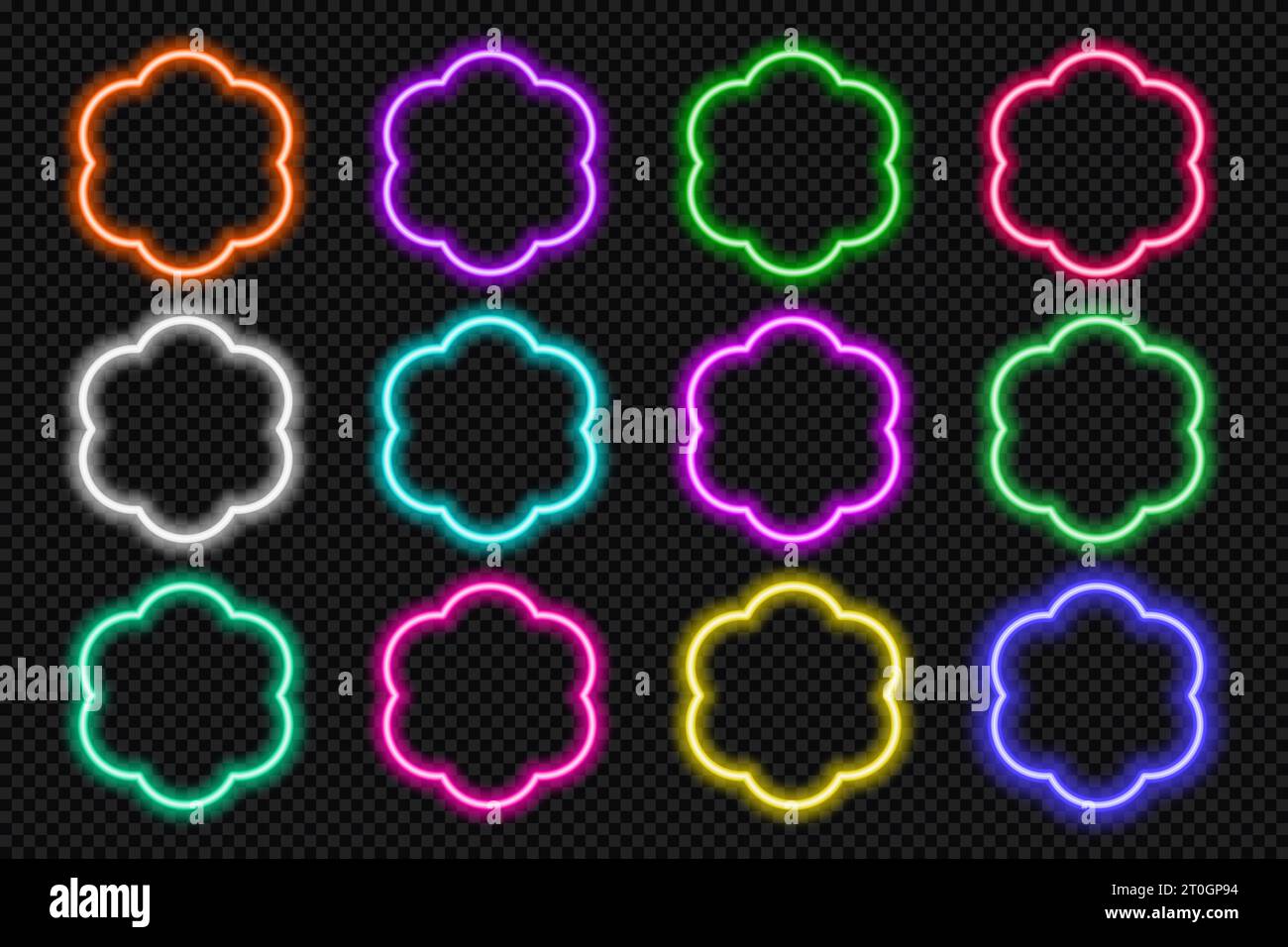 Set mit Rahmen für runde Neon-Jakobsmuscheln. Leuchtender, farbenprächtiger Blumenknopf. Elemente der Benutzeroberfläche für die Aktion „Geometrische Form“ mit Kopierbereich. Violett, blau, rosa, gelb Stock Vektor